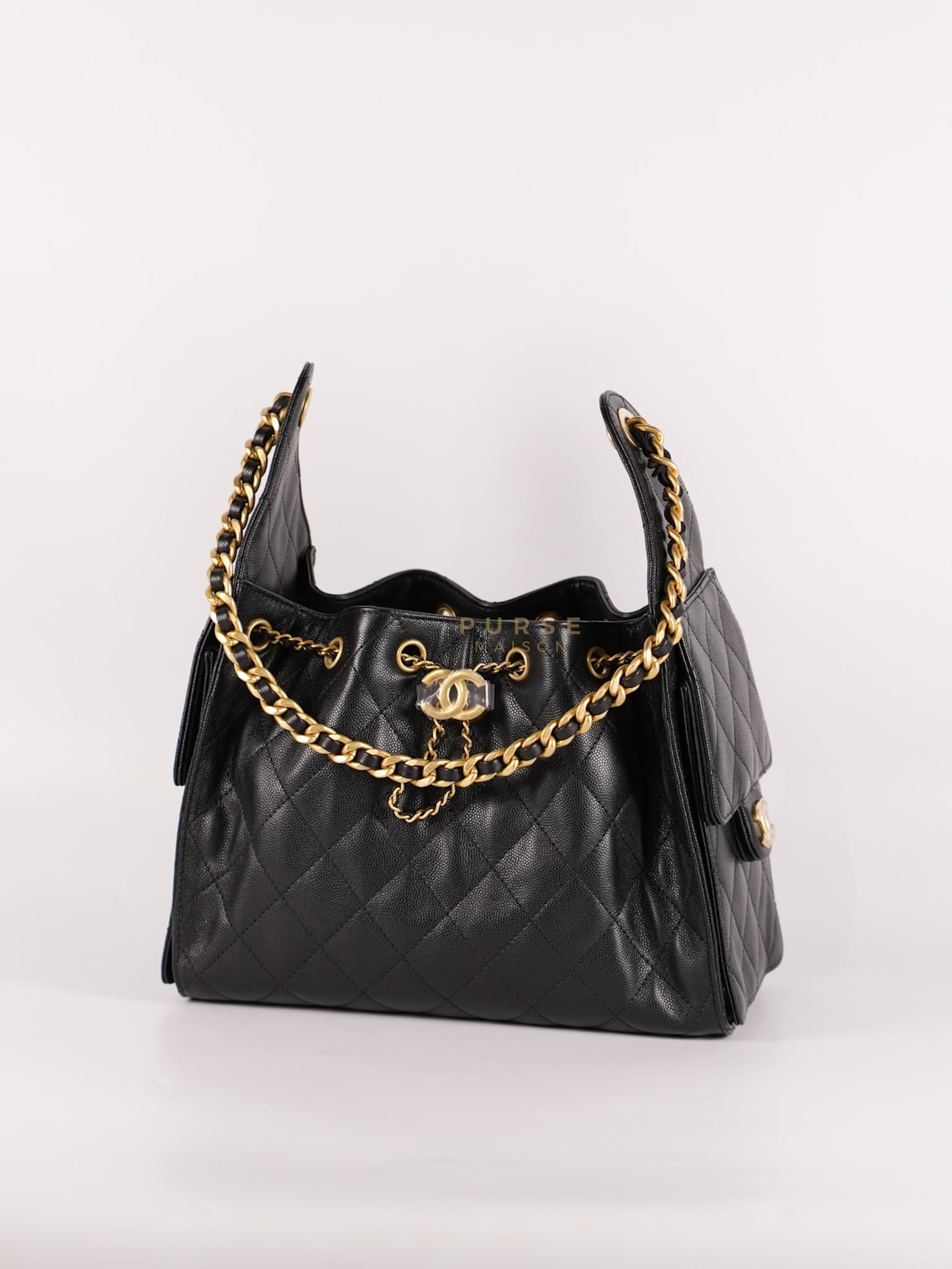 25 Small In Black in Caviar Leather and Aged Gold Hardware (Microchip) | Purse Maison Luxury Bags Shop
