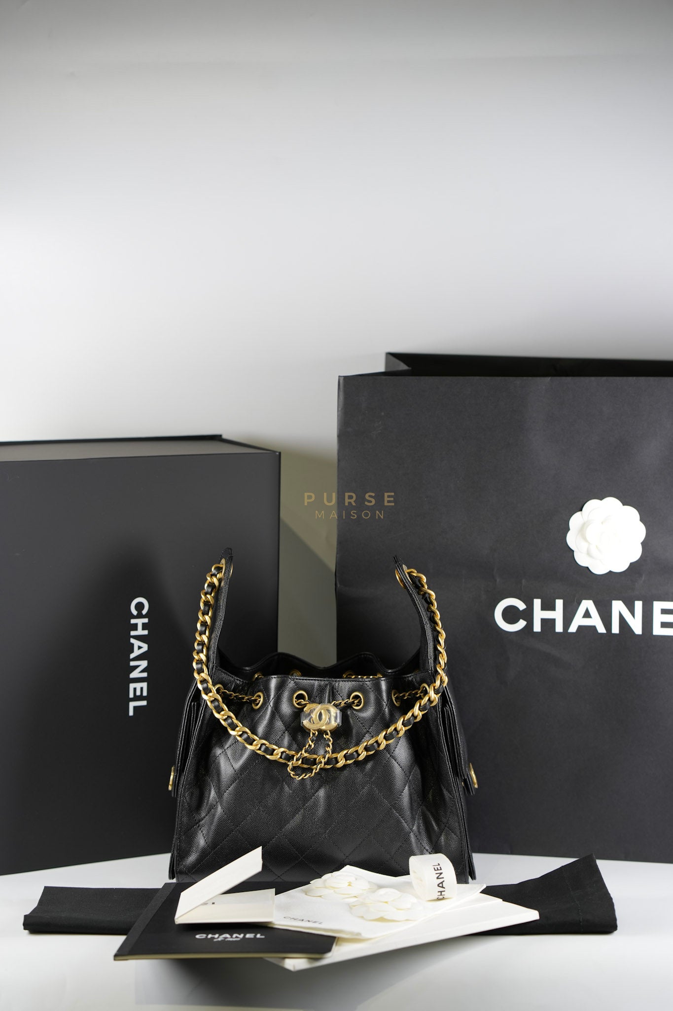 25 Small In Black in Caviar Leather and Aged Gold Hardware (Microchip) | Purse Maison Luxury Bags Shop