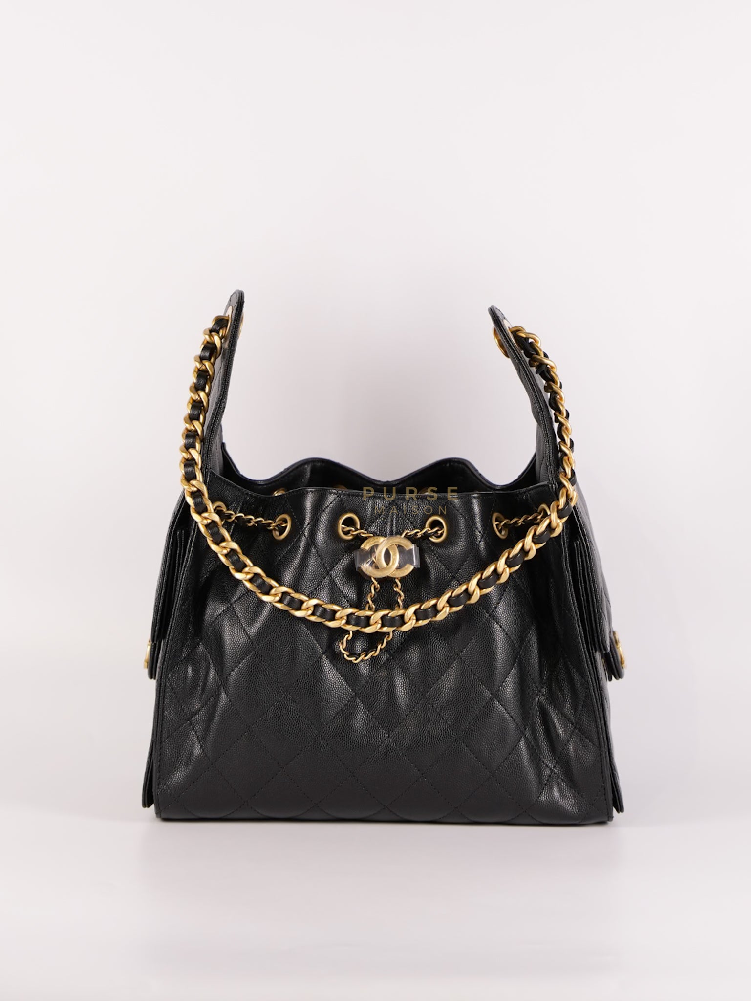25 Small In Black in Caviar Leather and Aged Gold Hardware (Microchip) | Purse Maison Luxury Bags Shop
