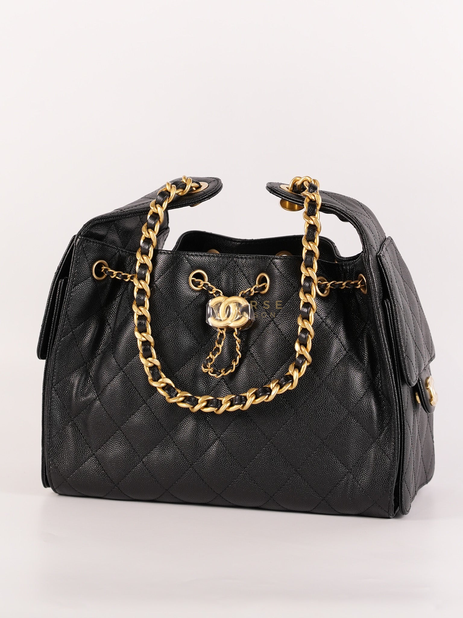 25 Small In Black in Caviar Leather and Aged Gold Hardware (Microchip) | Purse Maison Luxury Bags Shop