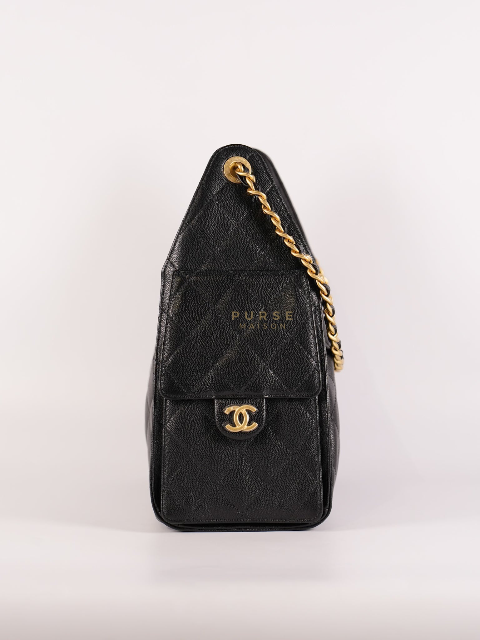 25 Small In Black in Caviar Leather and Aged Gold Hardware (Microchip) | Purse Maison Luxury Bags Shop