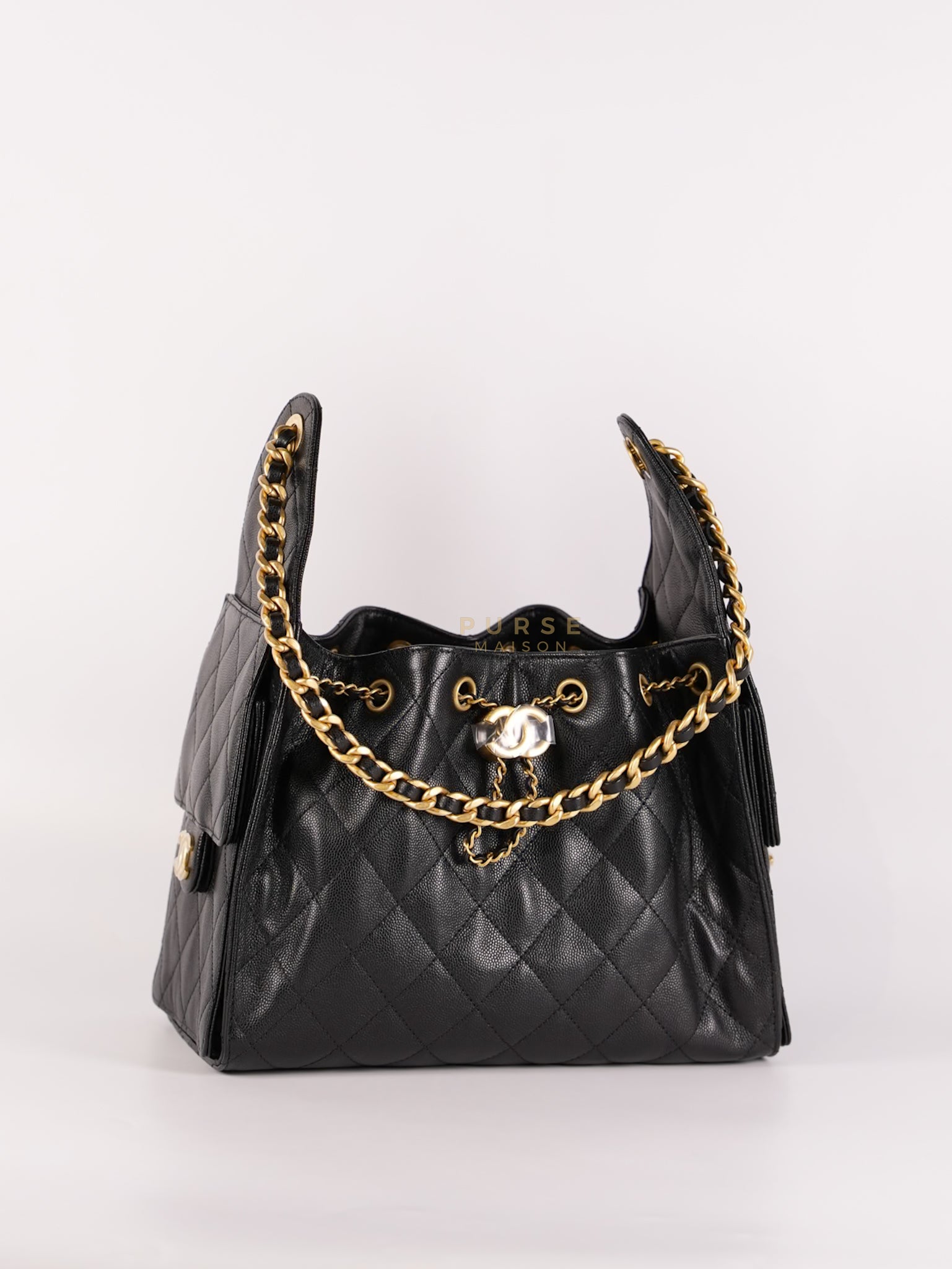 25 Small In Black in Caviar Leather and Aged Gold Hardware (Microchip) | Purse Maison Luxury Bags Shop