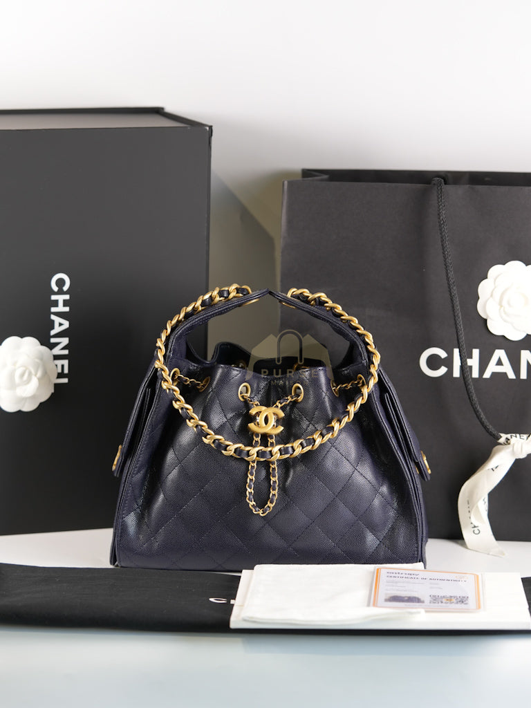 25 Small in Navy Blue Caviar Leather and Aged Gold Hardware (Microchip) | Purse Maison Luxury Bags Shop