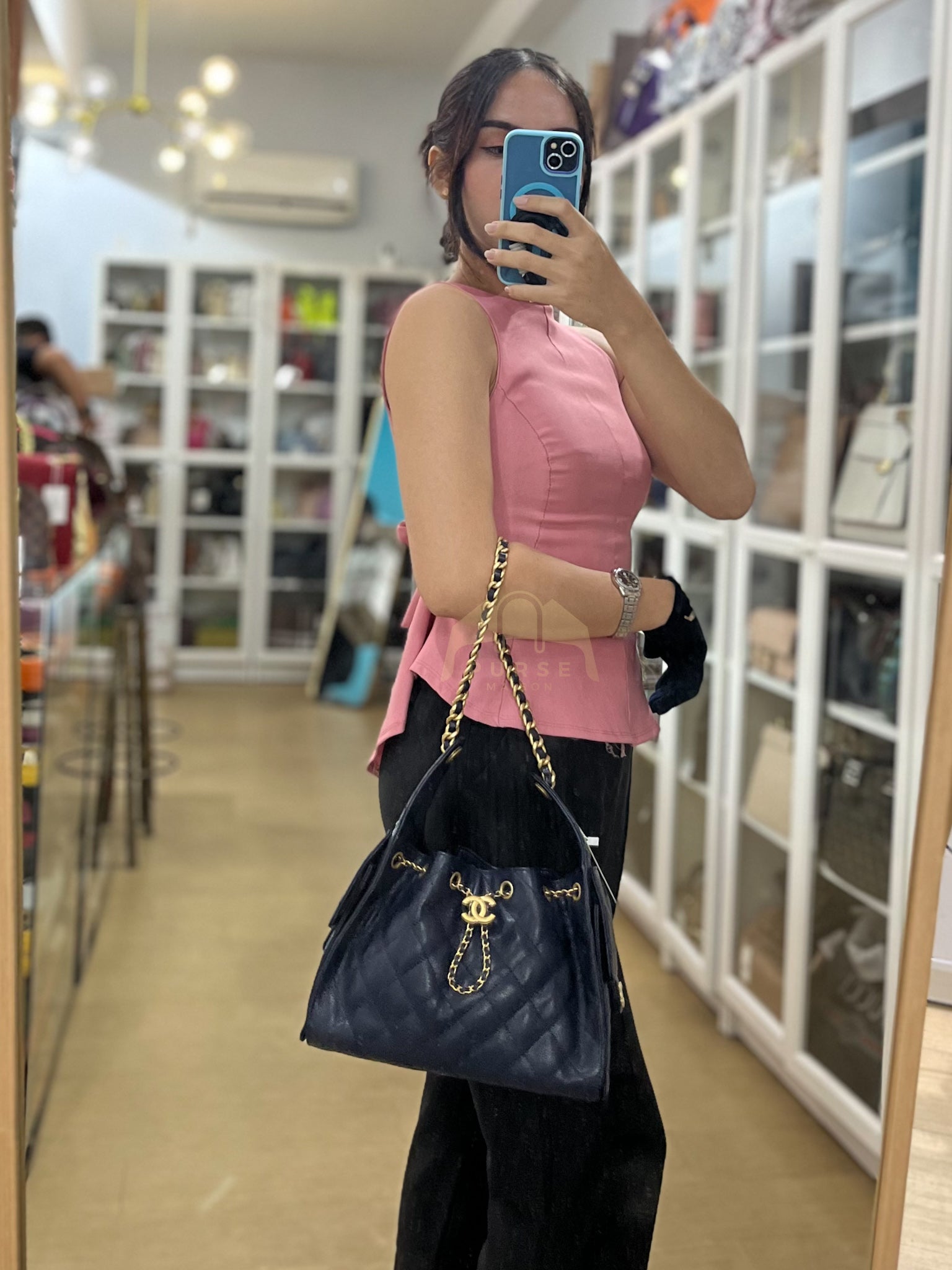 25 Small in Navy Blue Caviar Leather and Aged Gold Hardware (Microchip) | Purse Maison Luxury Bags Shop