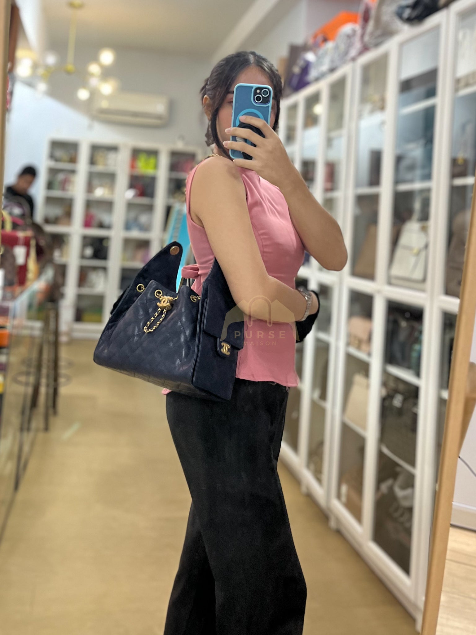 25 Small in Navy Blue Caviar Leather and Aged Gold Hardware (Microchip) | Purse Maison Luxury Bags Shop