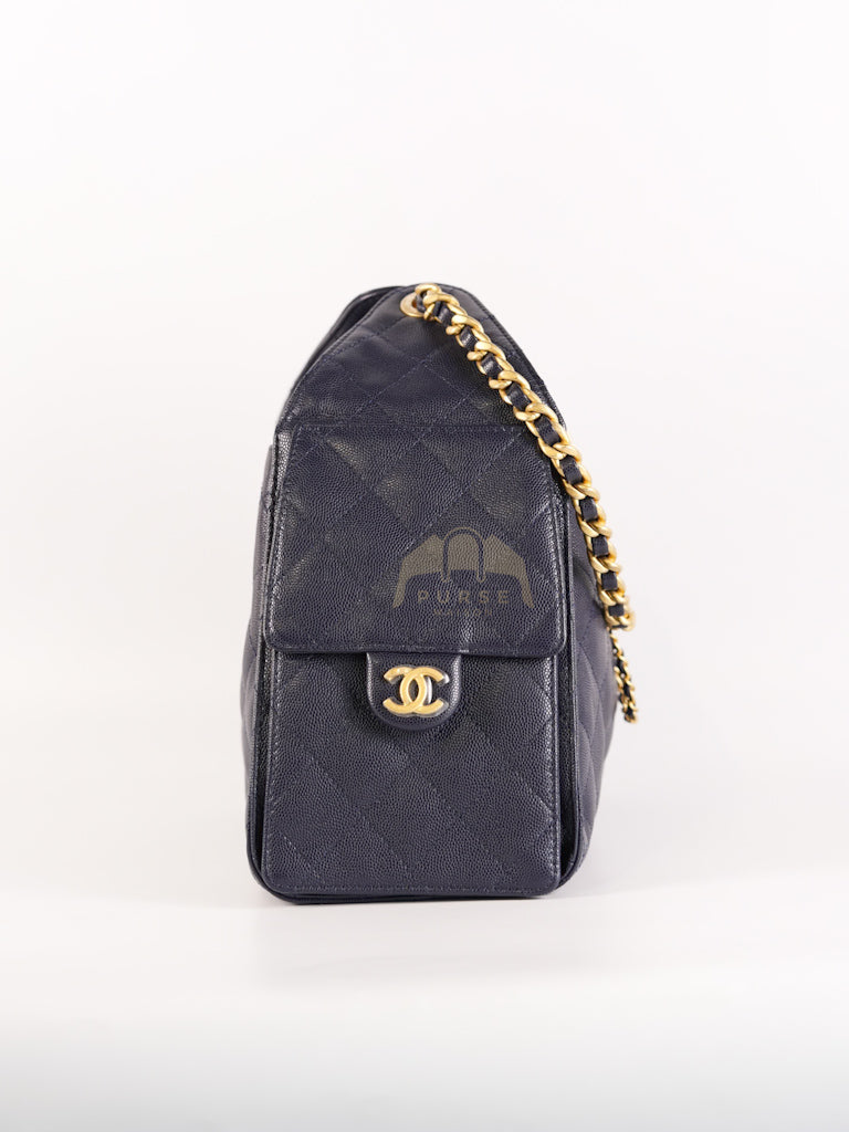 25 Small in Navy Blue Caviar Leather and Aged Gold Hardware (Microchip) | Purse Maison Luxury Bags Shop