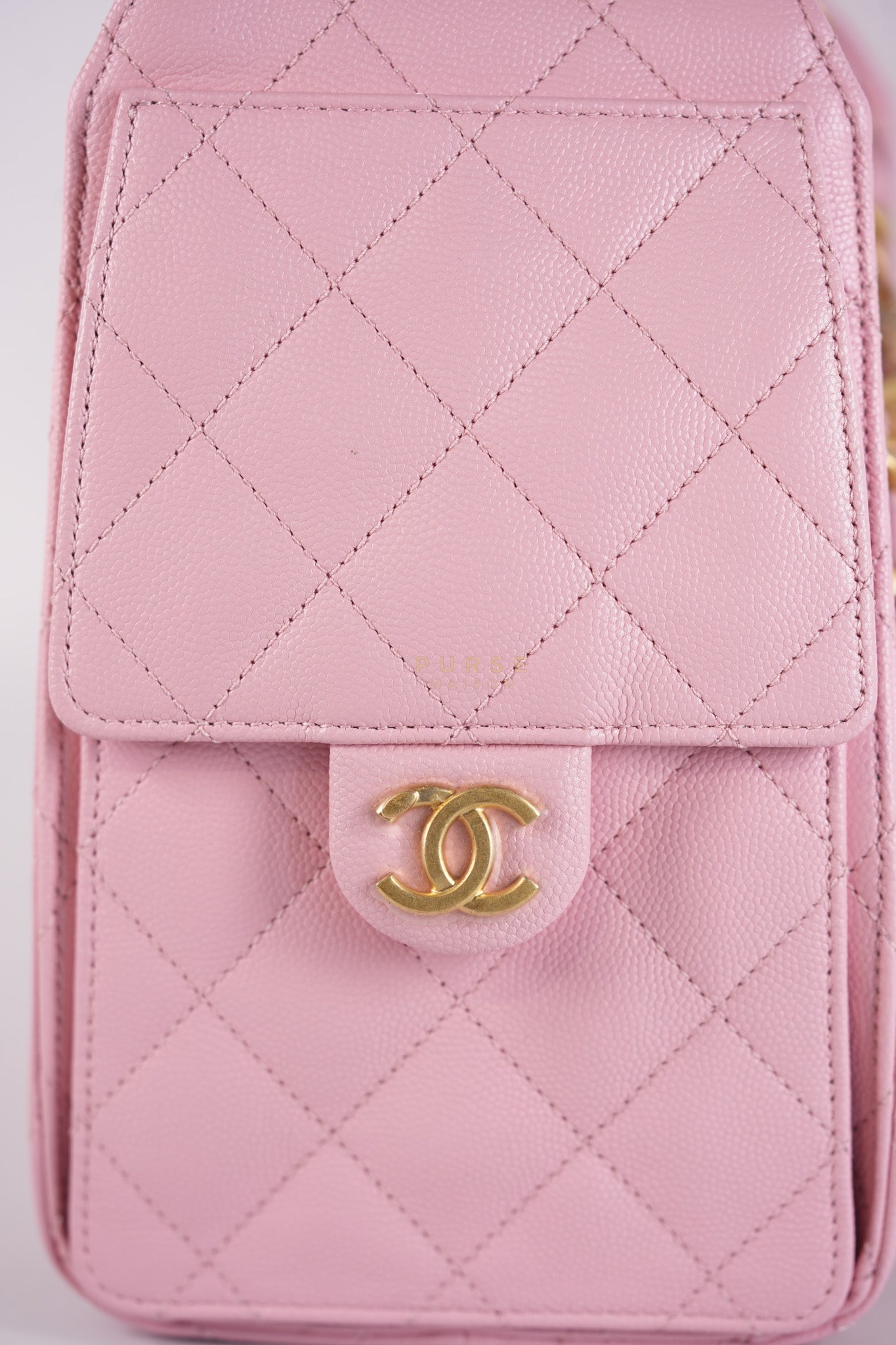 25 Small in Rose Clair Caviar Leather and Aged Gold Hardware (Microchip) | Purse Maison Luxury Bags Shop