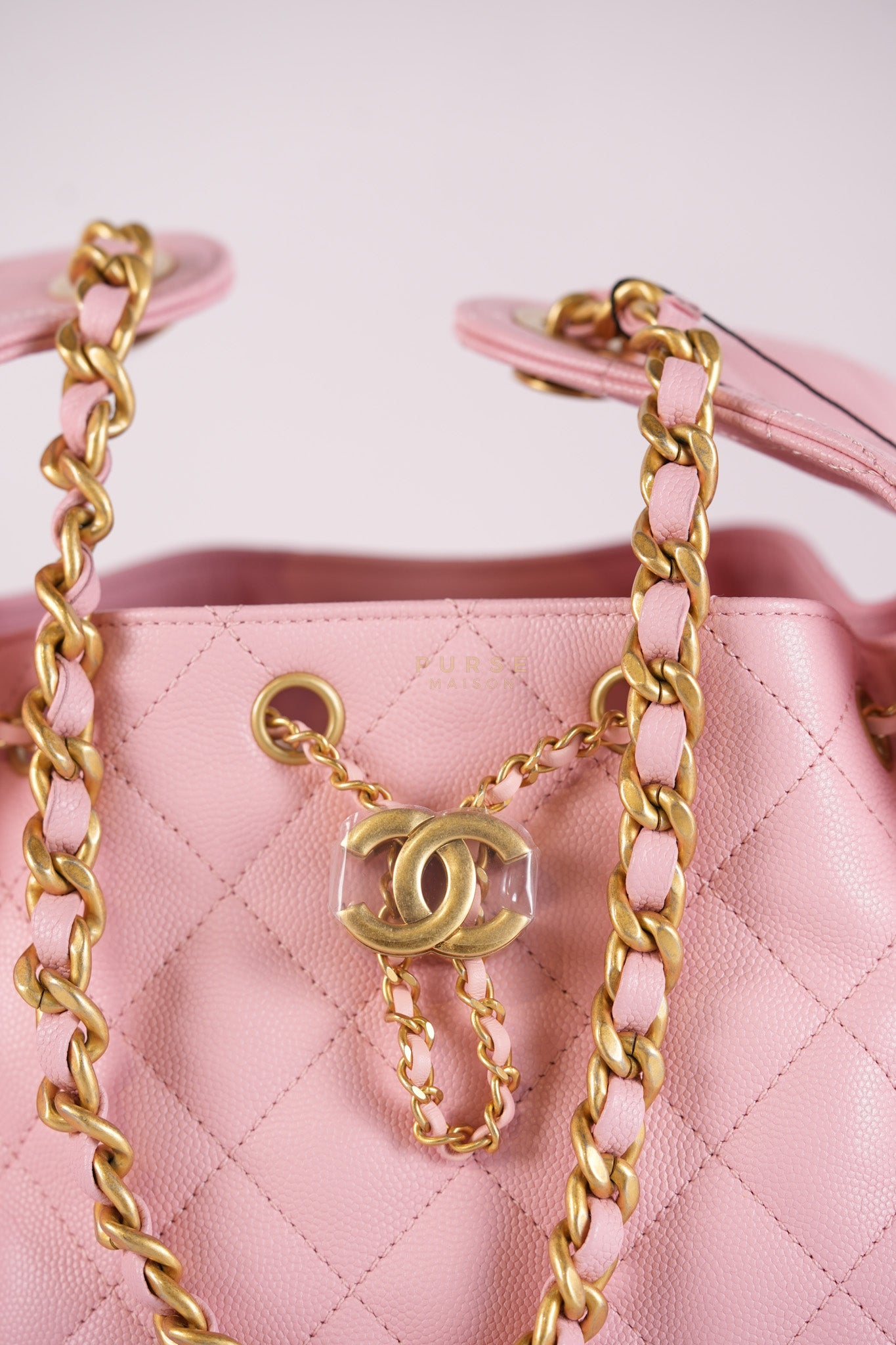 25 Small in Rose Clair Caviar Leather and Aged Gold Hardware (Microchip) | Purse Maison Luxury Bags Shop