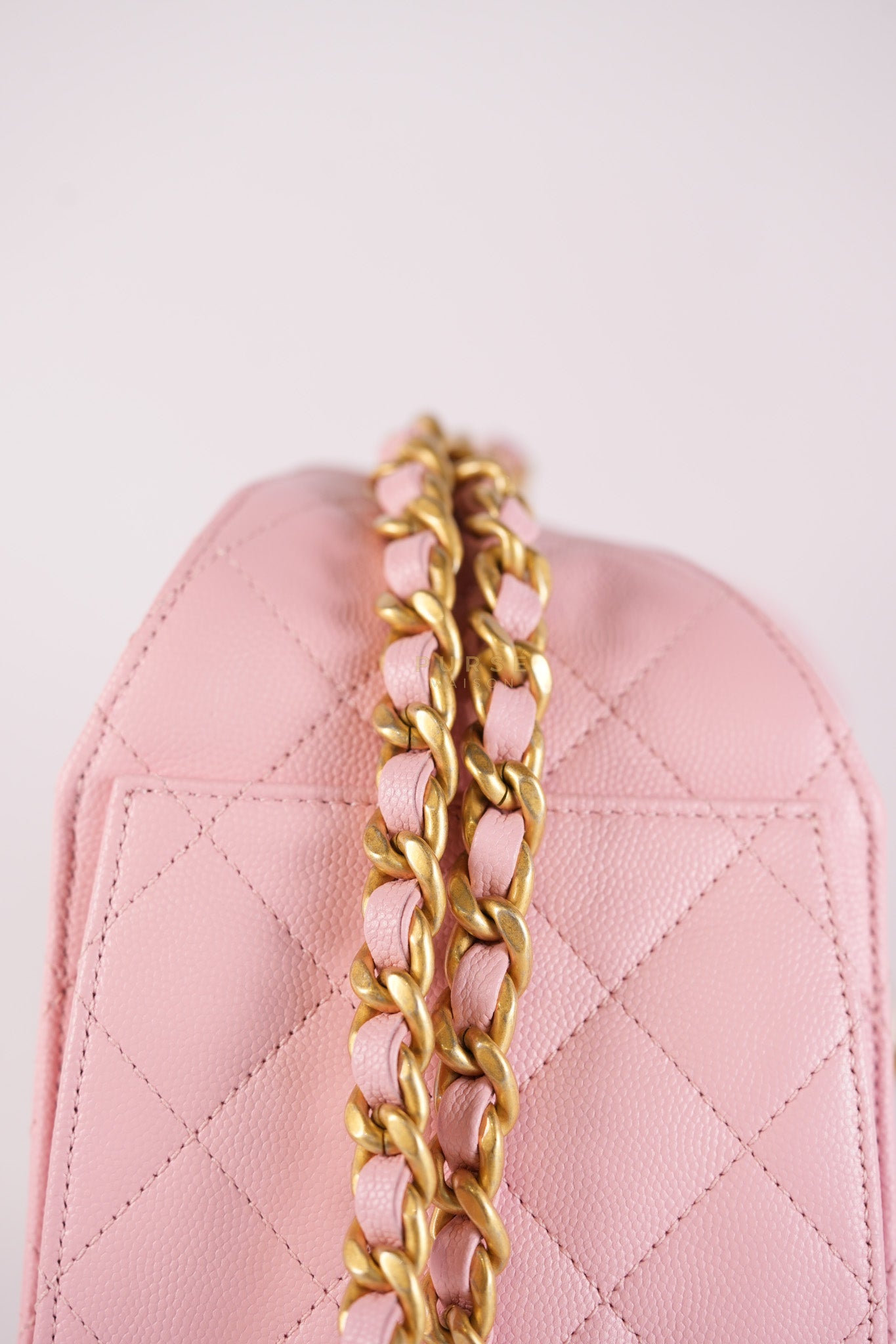 25 Small in Rose Clair Caviar Leather and Aged Gold Hardware (Microchip) | Purse Maison Luxury Bags Shop