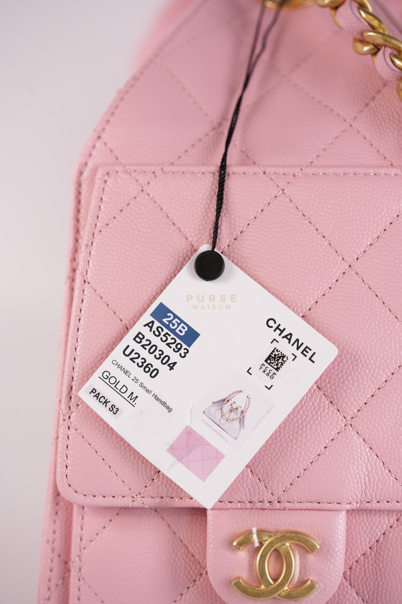 25 Small in Rose Clair Caviar Leather and Aged Gold Hardware (Microchip) | Purse Maison Luxury Bags Shop