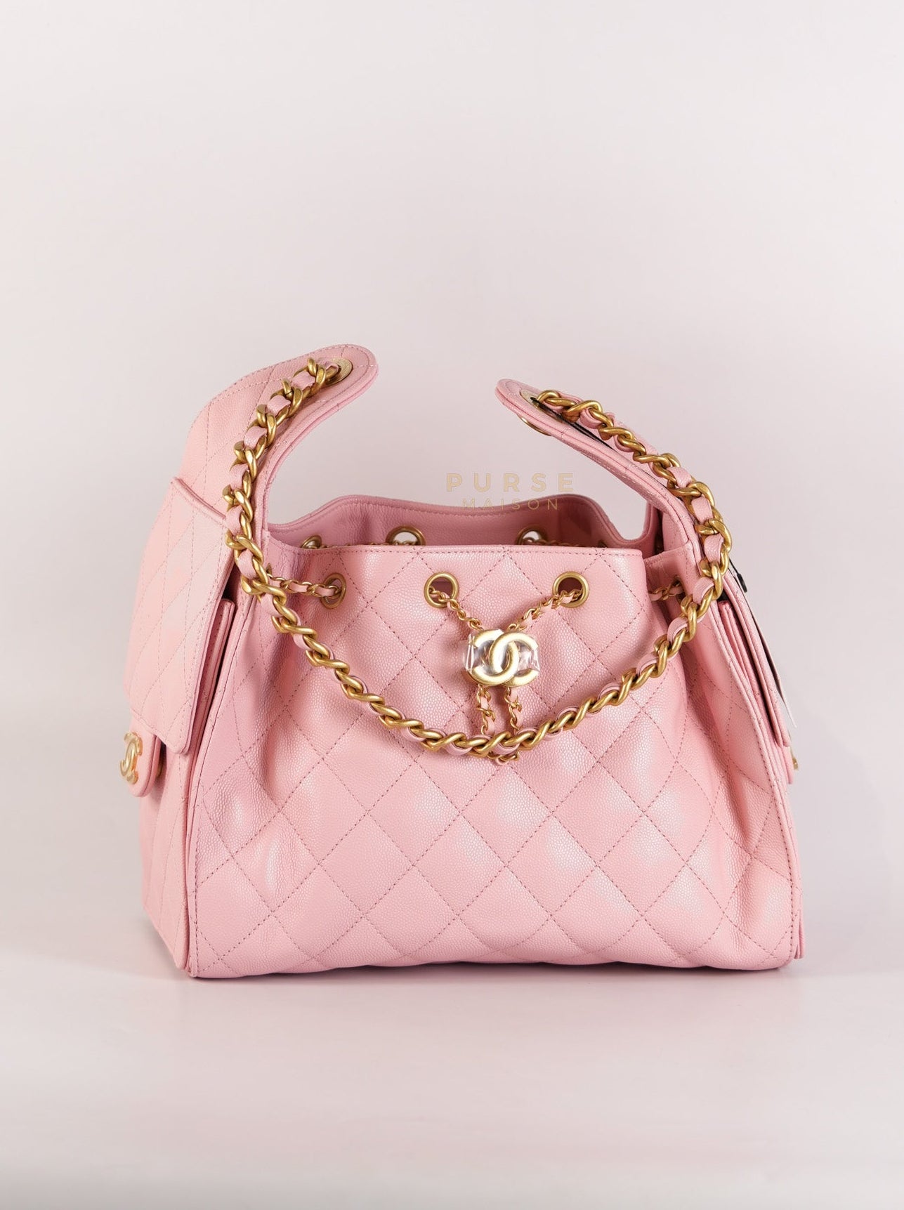 25 Small in Rose Clair Caviar Leather and Aged Gold Hardware (Microchip) | Purse Maison Luxury Bags Shop