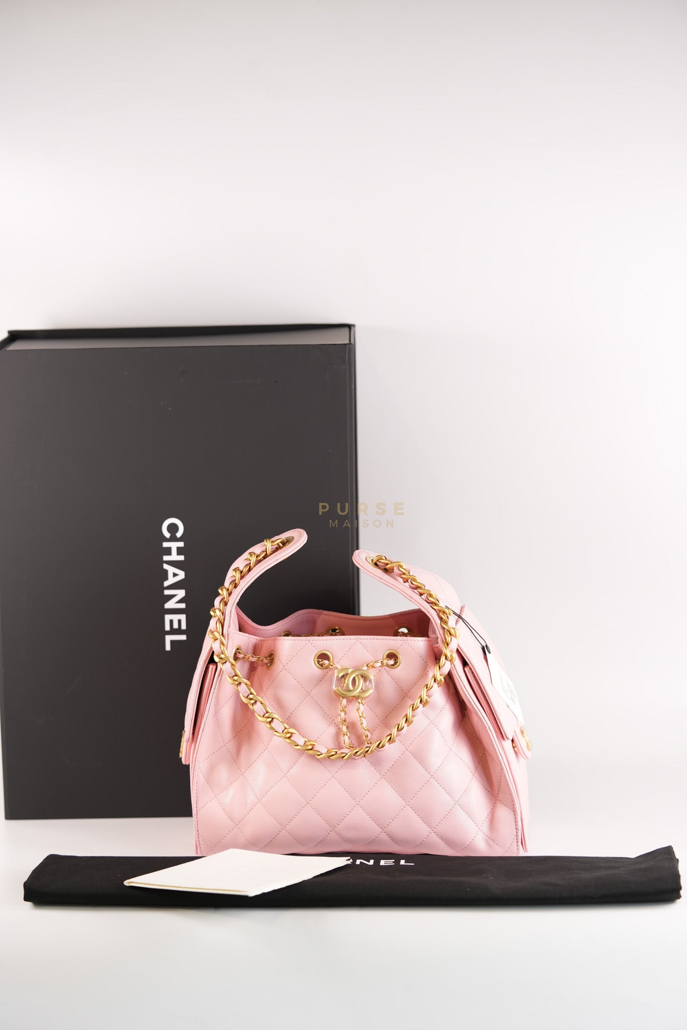 25 Small in Rose Clair Caviar Leather and Aged Gold Hardware (Microchip) | Purse Maison Luxury Bags Shop