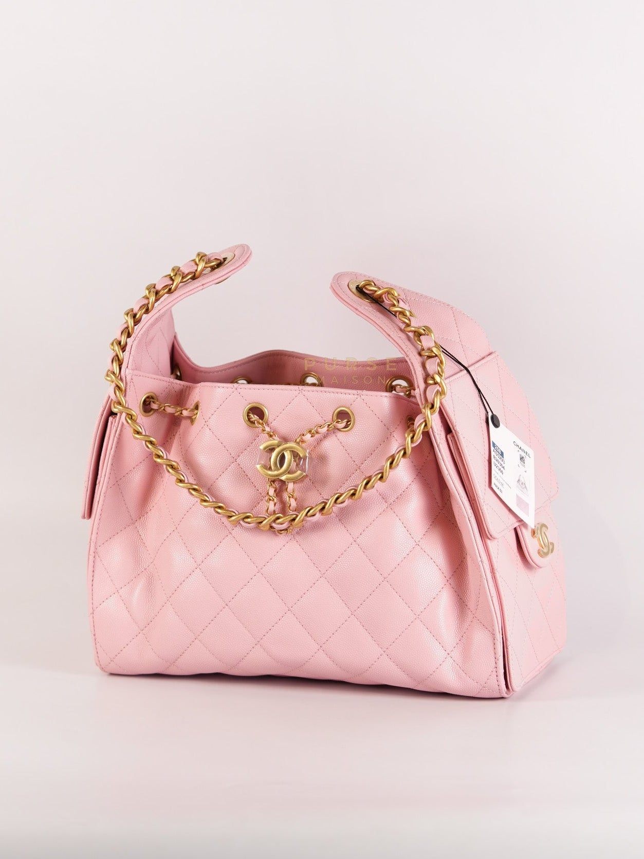 25 Small in Rose Clair Caviar Leather and Aged Gold Hardware (Microchip) | Purse Maison Luxury Bags Shop