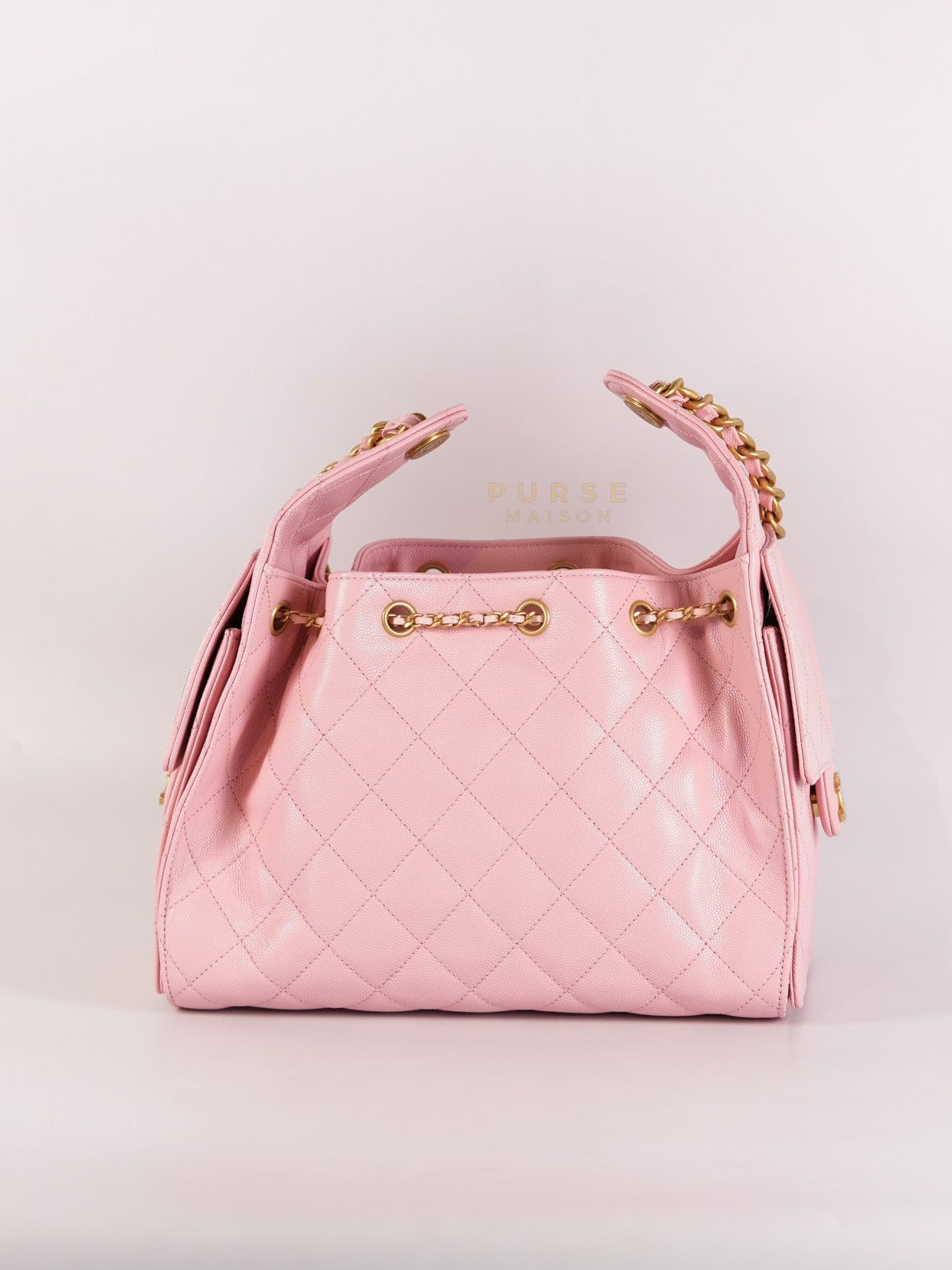 25 Small in Rose Clair Caviar Leather and Aged Gold Hardware (Microchip) | Purse Maison Luxury Bags Shop