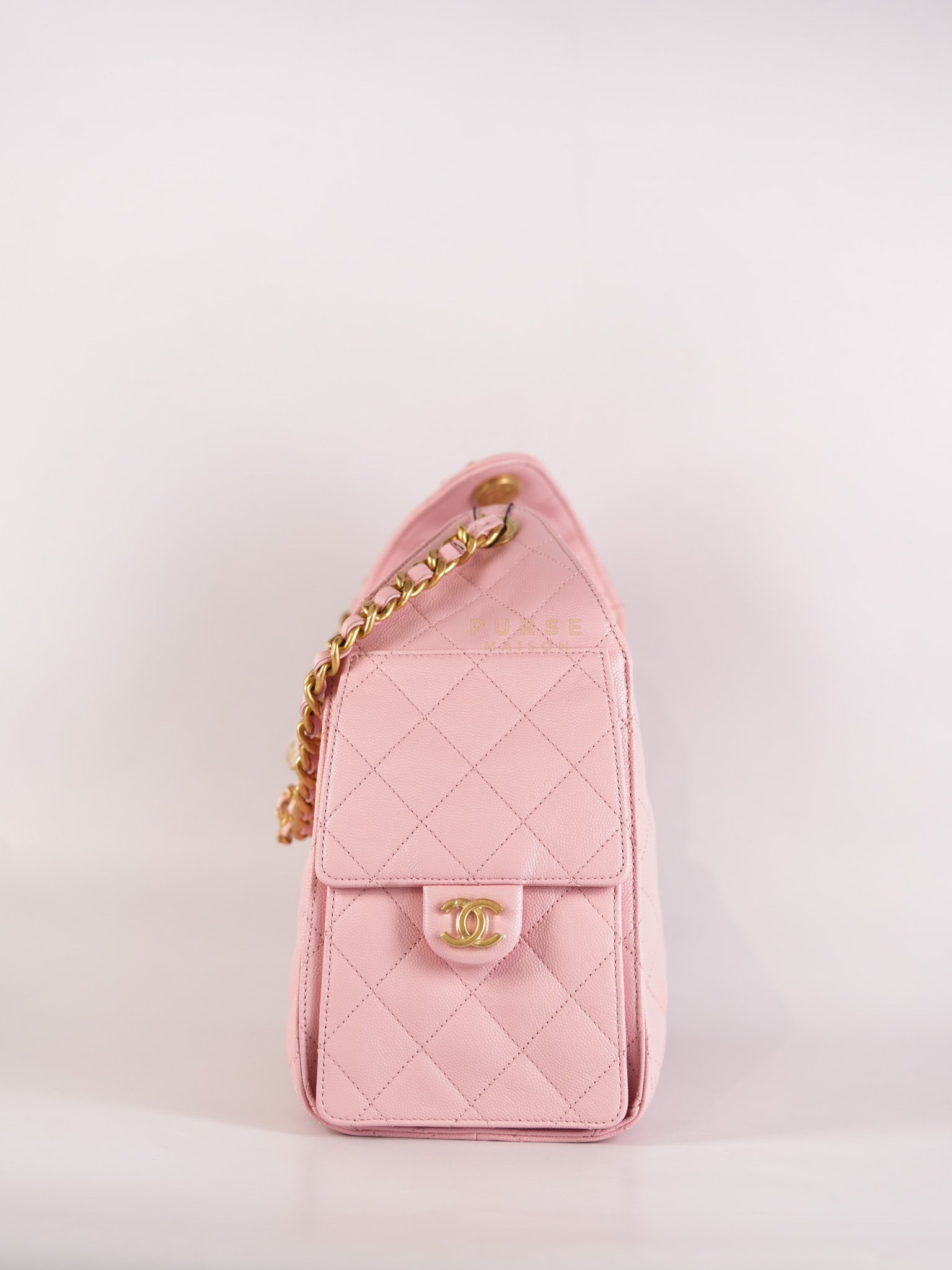 25 Small in Rose Clair Caviar Leather and Aged Gold Hardware (Microchip) | Purse Maison Luxury Bags Shop
