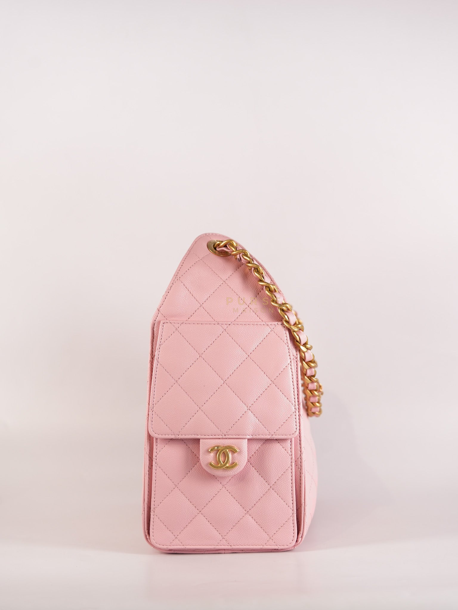 25 Small in Rose Clair Caviar Leather and Aged Gold Hardware (Microchip) | Purse Maison Luxury Bags Shop