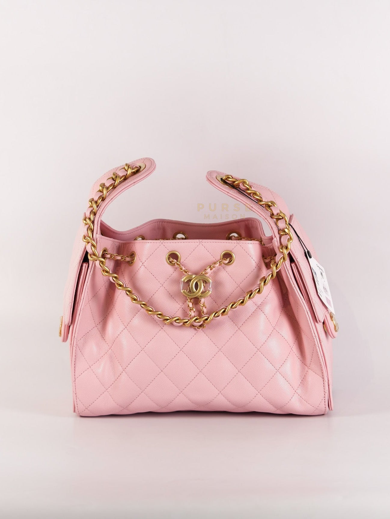 25 Small in Rose Clair Caviar Leather and Aged Gold Hardware (Microchip) | Purse Maison Luxury Bags Shop
