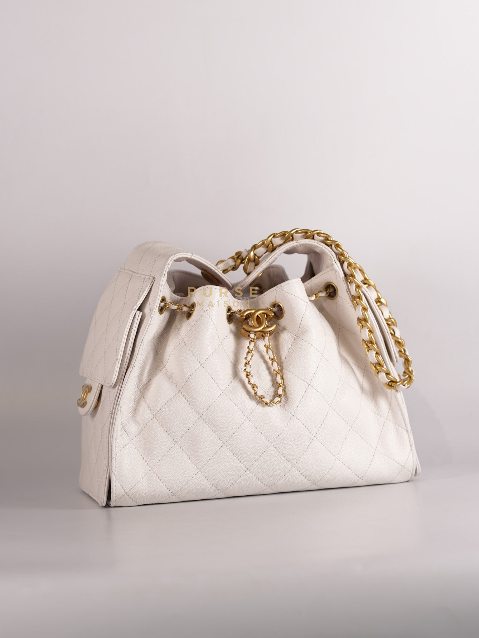 25 Small White Caviar Leather and Aged Gold Hardware (Microchip) | Purse Maison Luxury Bags Shop