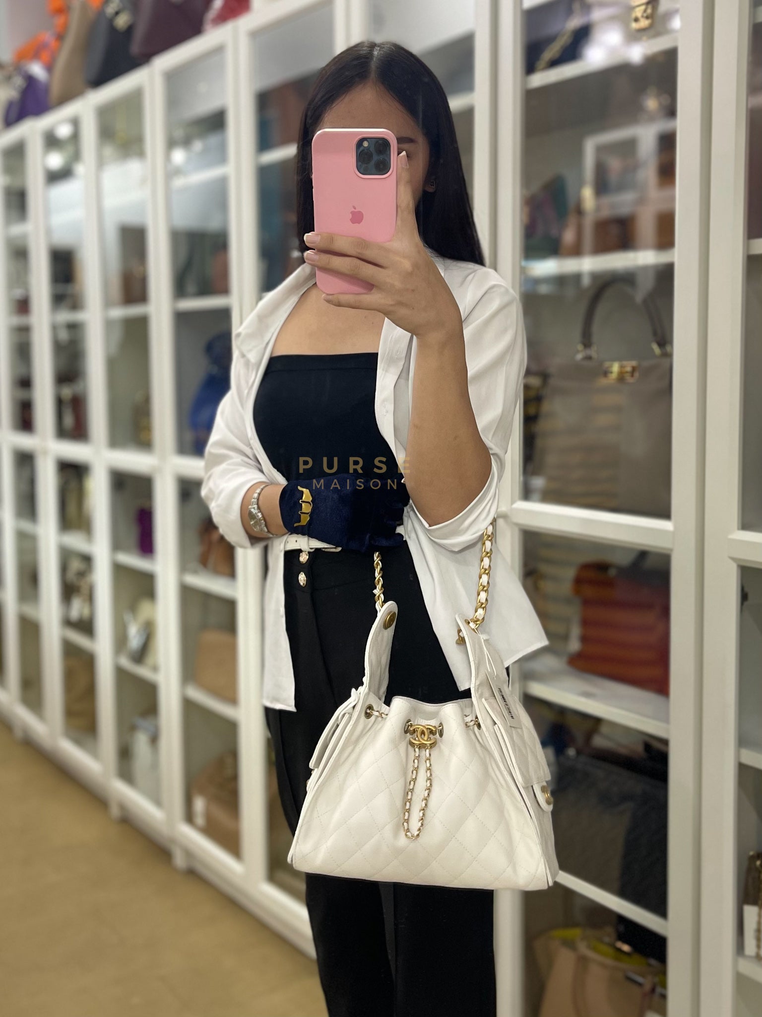 25 Small White Caviar Leather and Aged Gold Hardware (Microchip) | Purse Maison Luxury Bags Shop