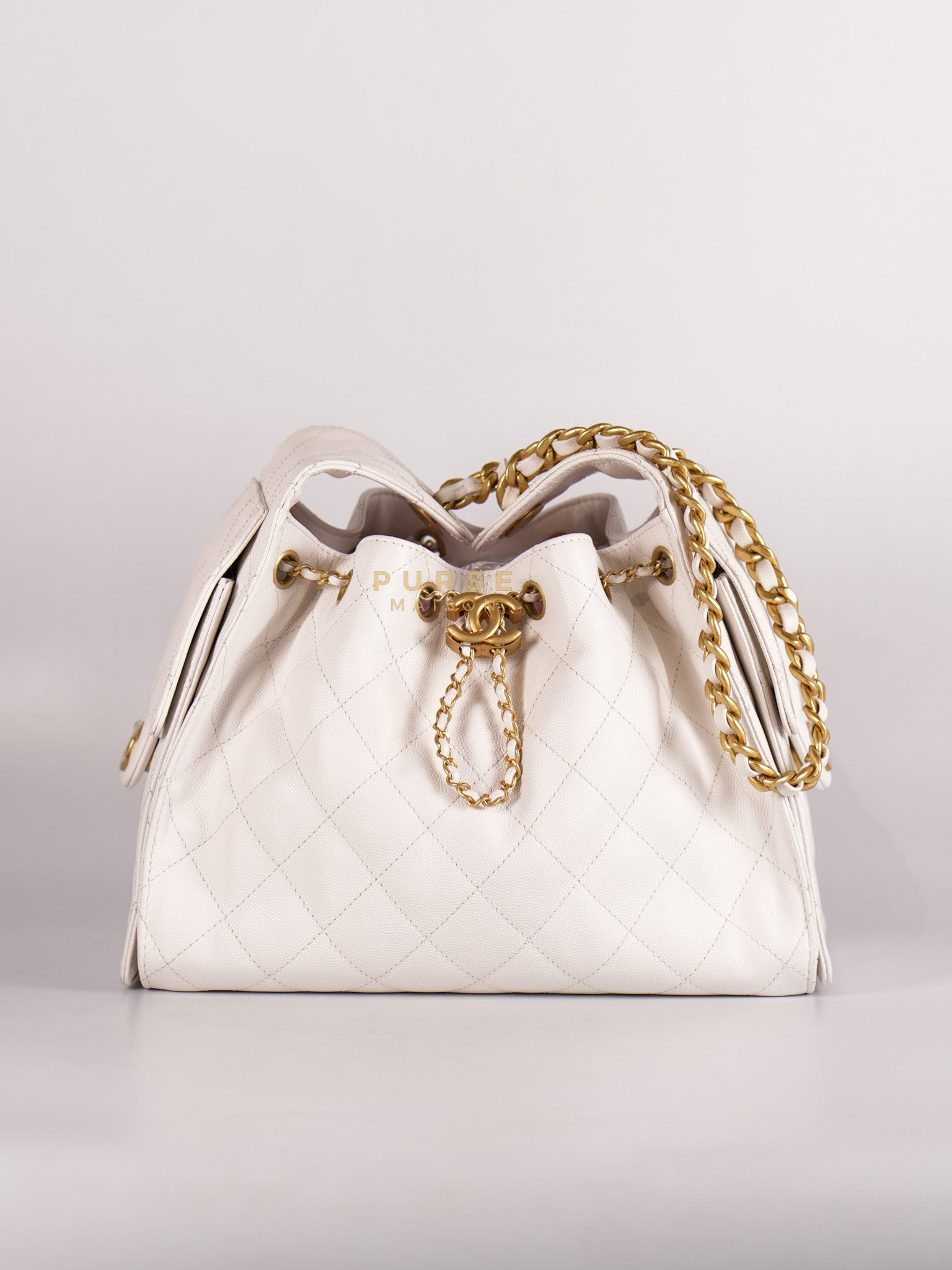 25 Small White Caviar Leather and Aged Gold Hardware (Microchip) | Purse Maison Luxury Bags Shop