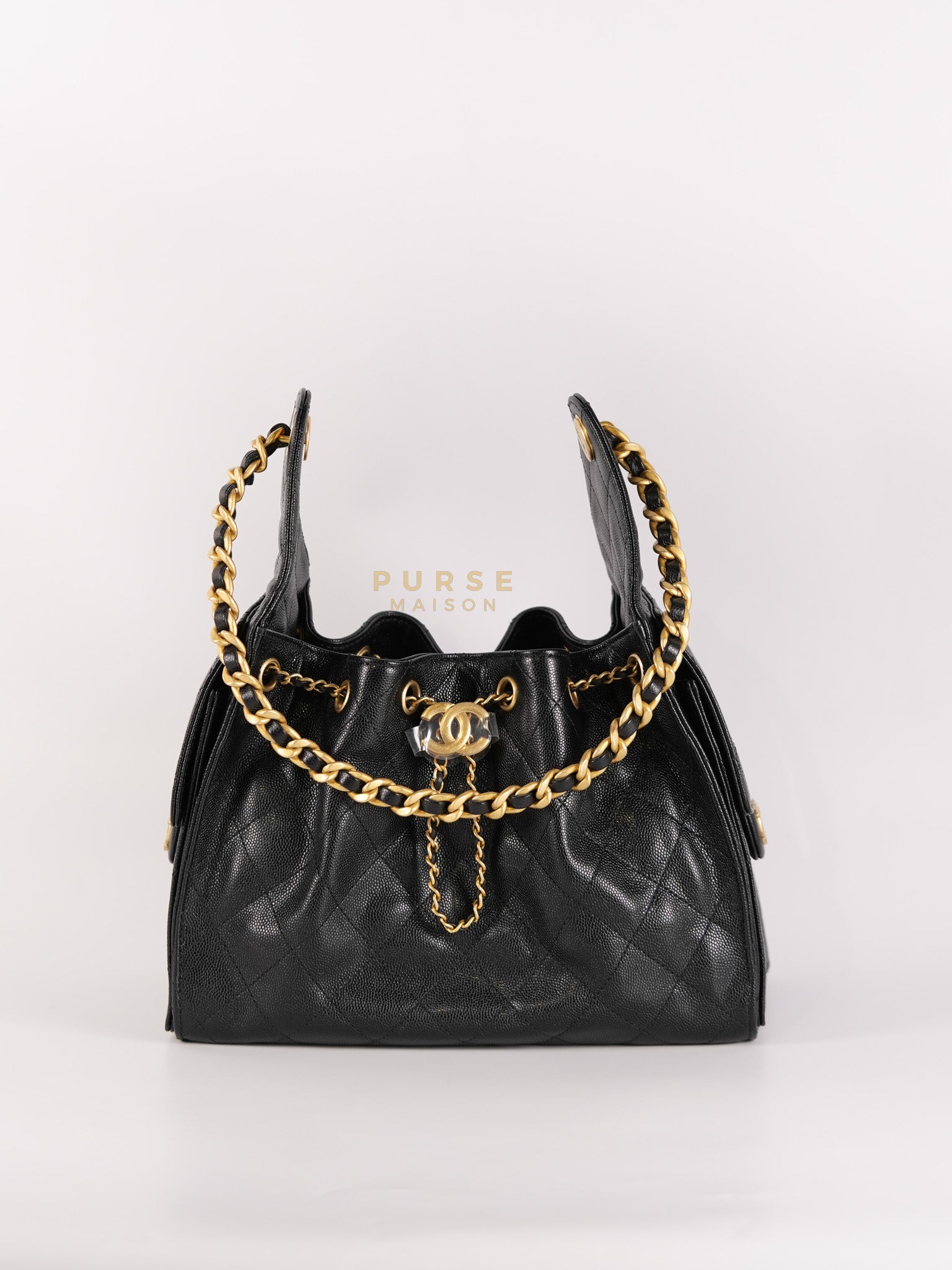 25 Small Hobo Tote Bag in Black Caviar Leather & Aged Gold Hardware Microchip