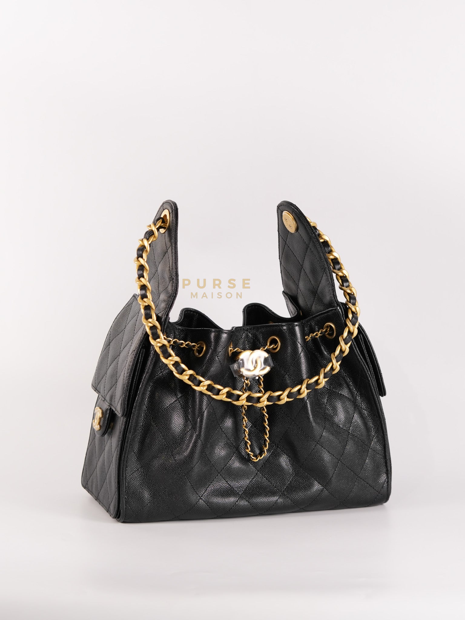 25 Small Hobo Tote Bag in Black Caviar Leather & Aged Gold Hardware Microchip