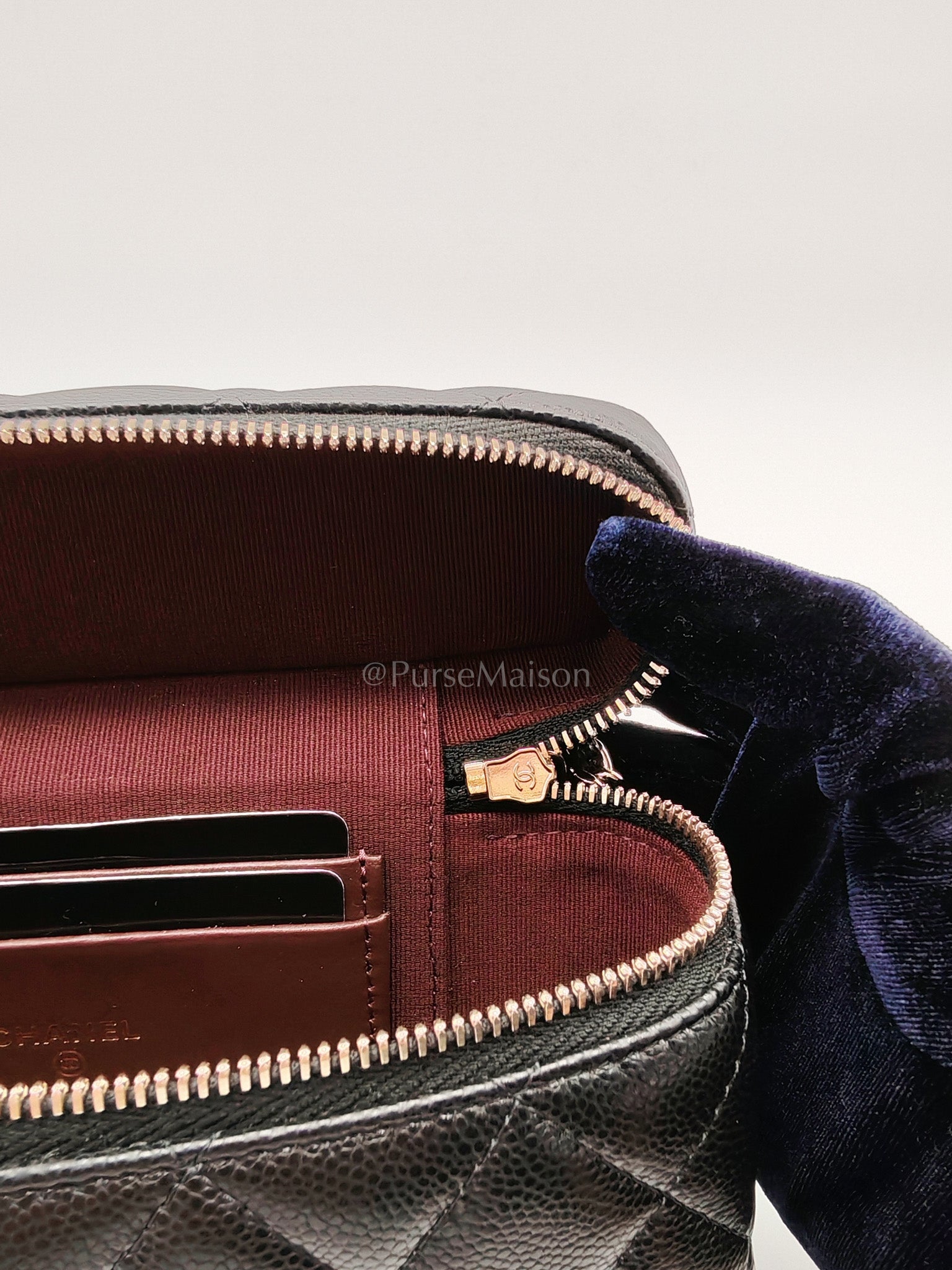 25C Long Vanity with Chain (LP Bag) in Black Quilted Leather and Light Gold Hardware (Microchip) | Purse Maison Luxury Bags Shop