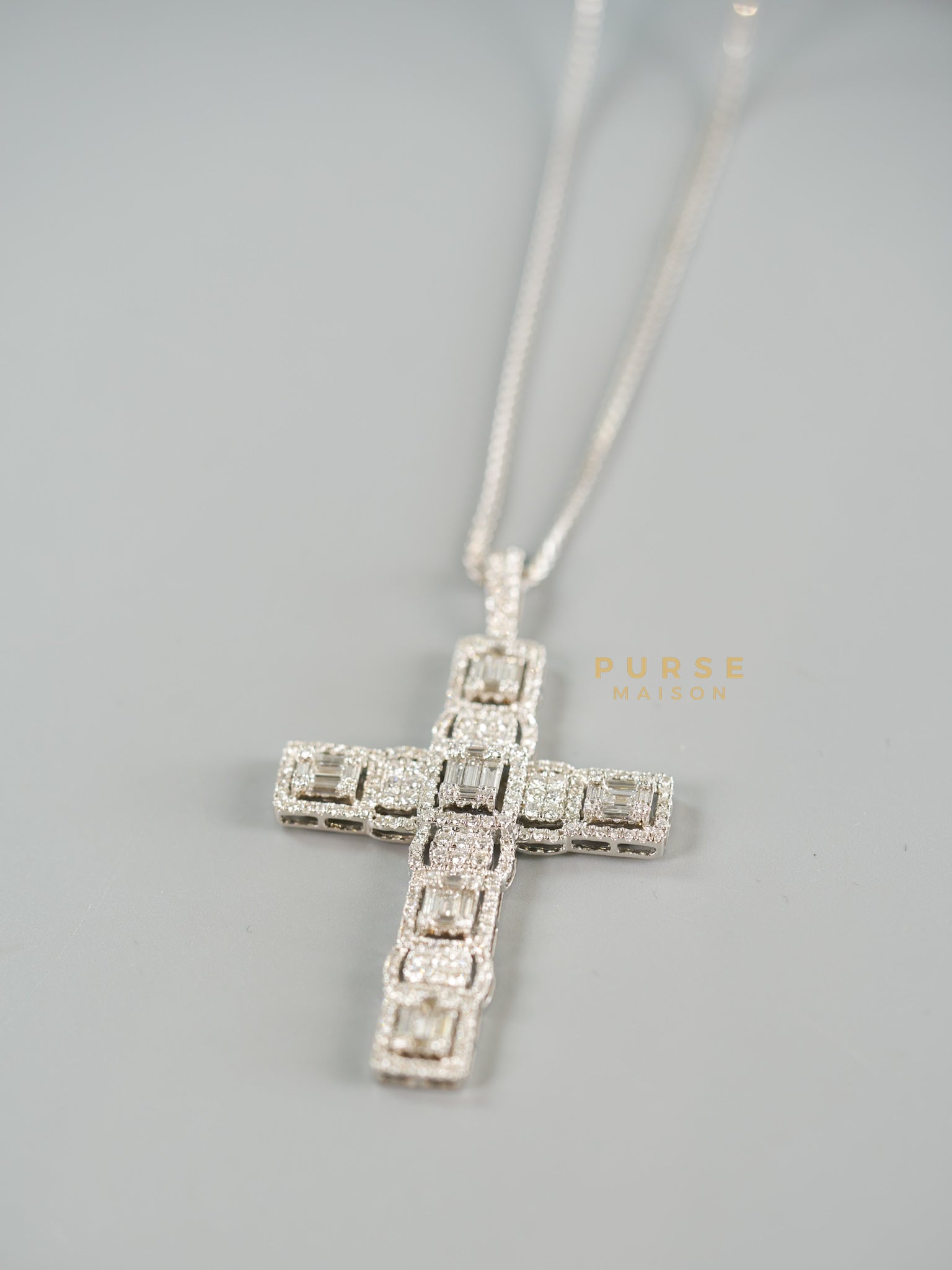 3 Carat 14grams Natural Diamond Baguette & Round Brilliant Cut Cross Pendant in 18k White Gold Necklace (colorless) | Purse Maison Luxury Bags Shop