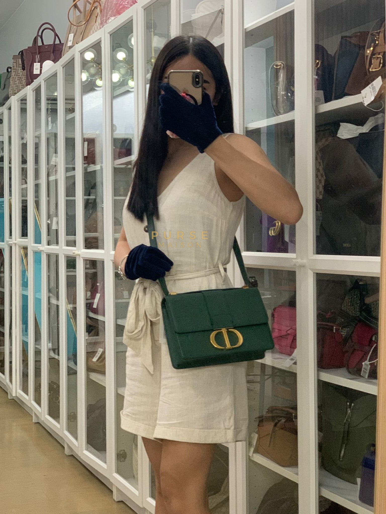 30 Montaigne in Green Grained Calfskin Leather & Gold Hardware | Purse Maison Luxury Bags Shop