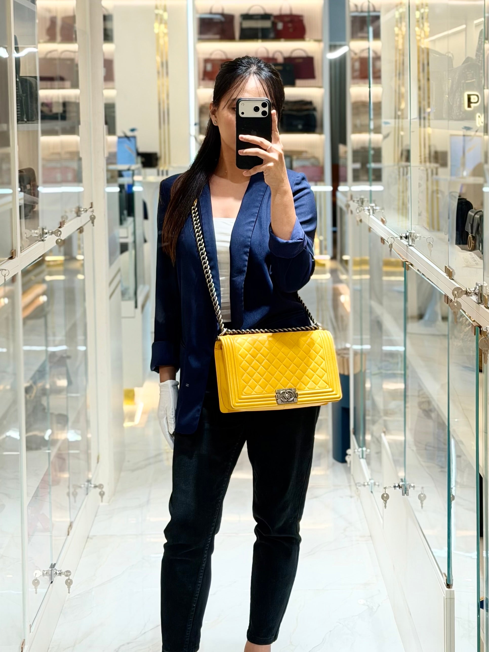 Boy New Medium in Yellow Quilted Lambskin Leather and Ruthenium Hardware Series 20