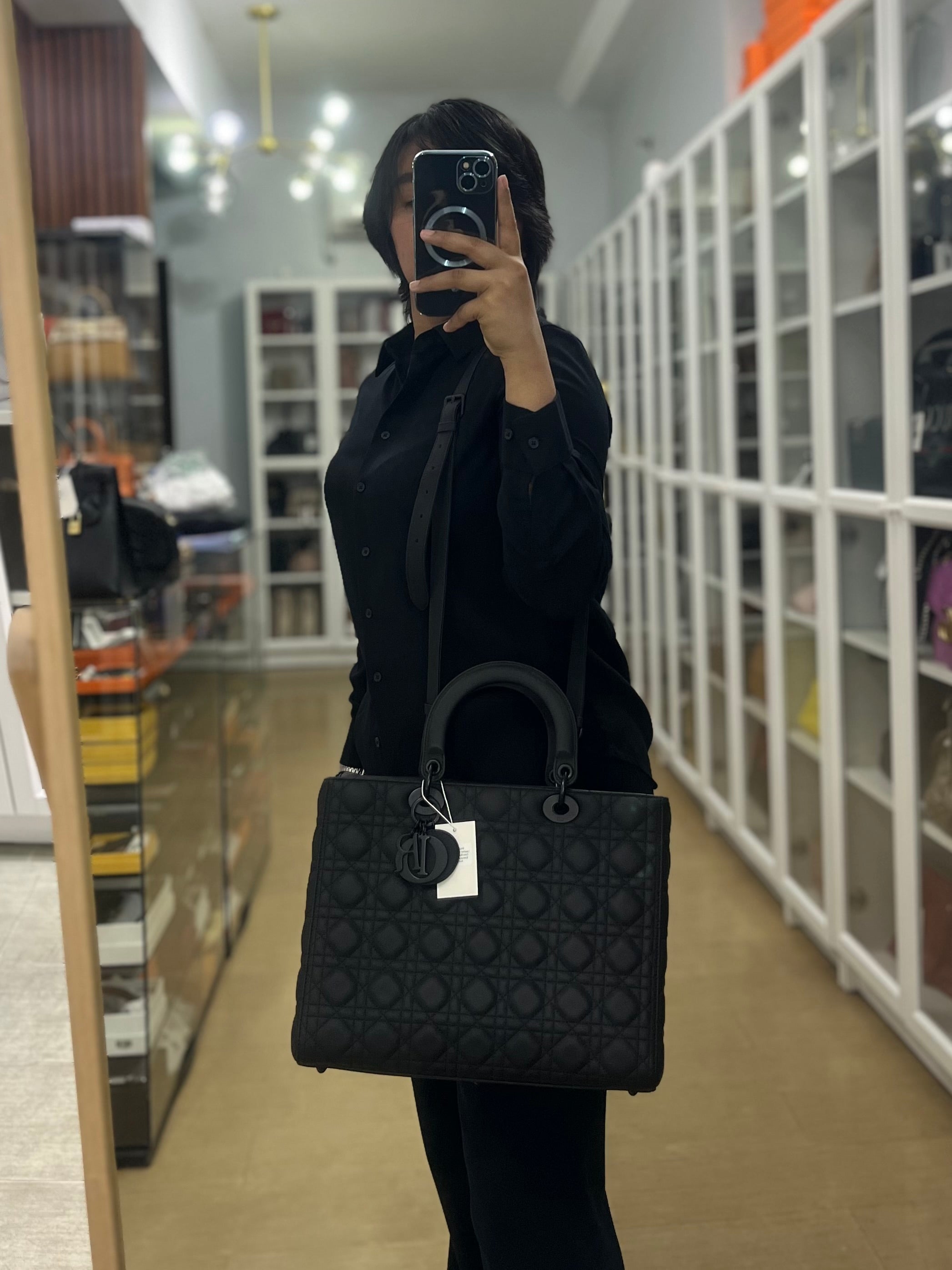 Lady Dior Large Black Ultramatte Cannage Calfskin