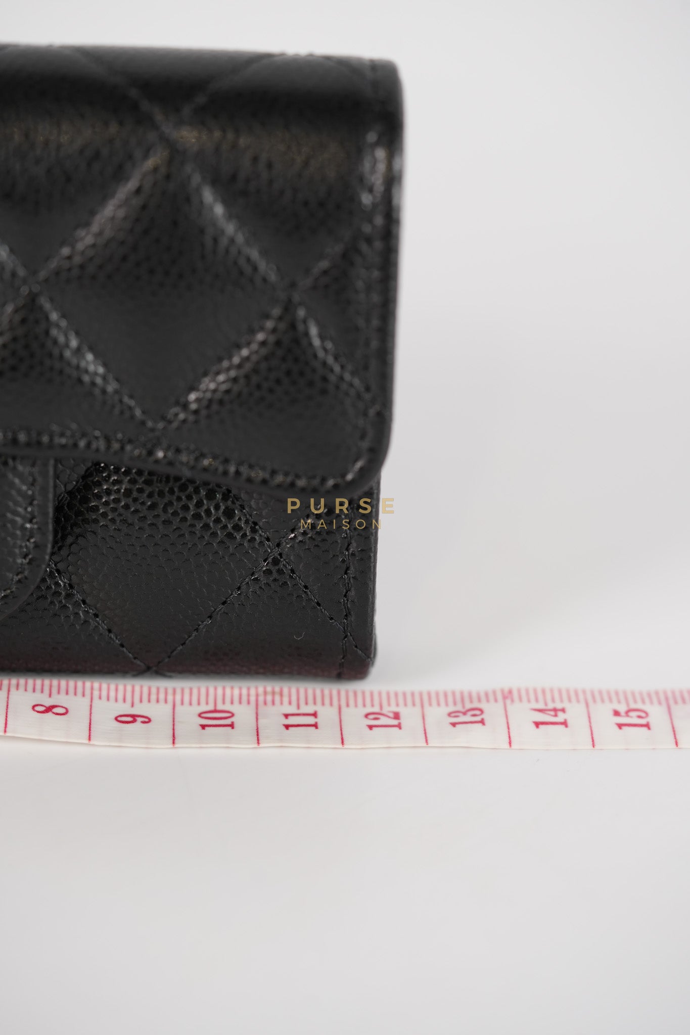 Flap Card Holder with Zipper Black in Caviar Leather and Light Gold Hardware (Microchip)