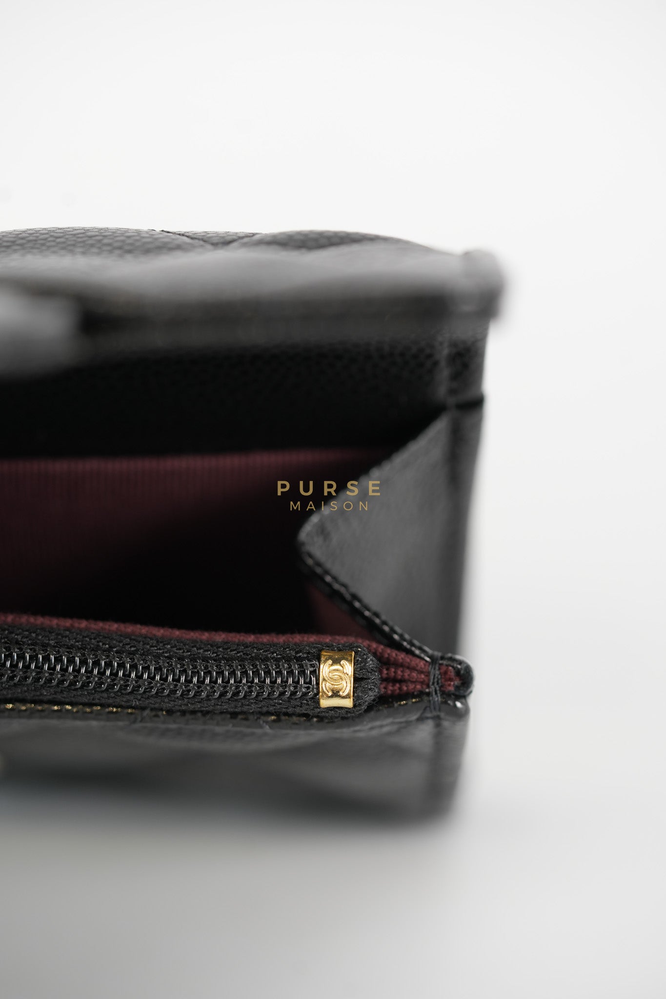 Flap Card Holder with Zipper Black in Caviar Leather and Light Gold Hardware (Microchip)