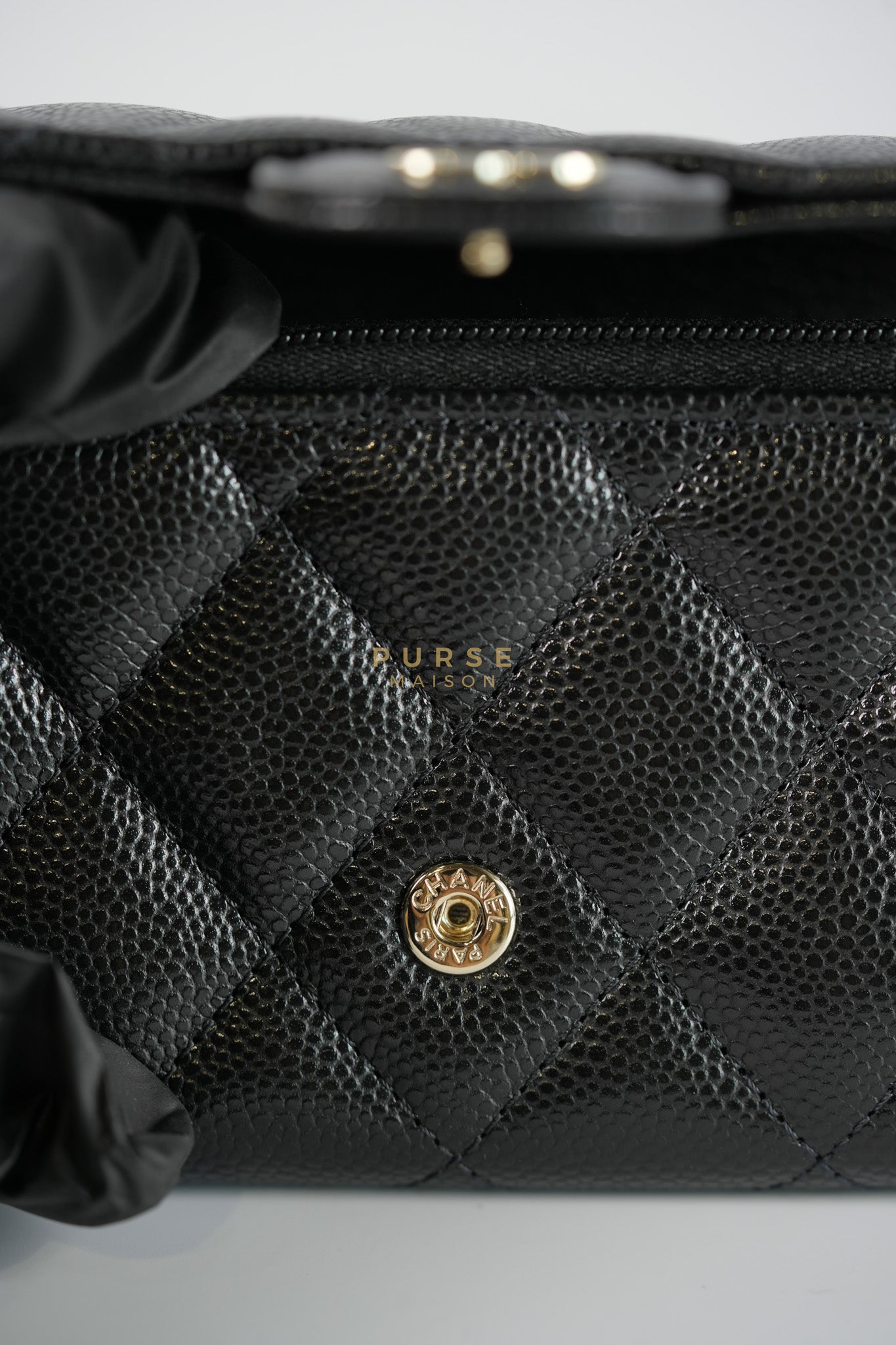 Flap Card Holder with Zipper Black in Caviar Leather and Light Gold Hardware (Microchip)