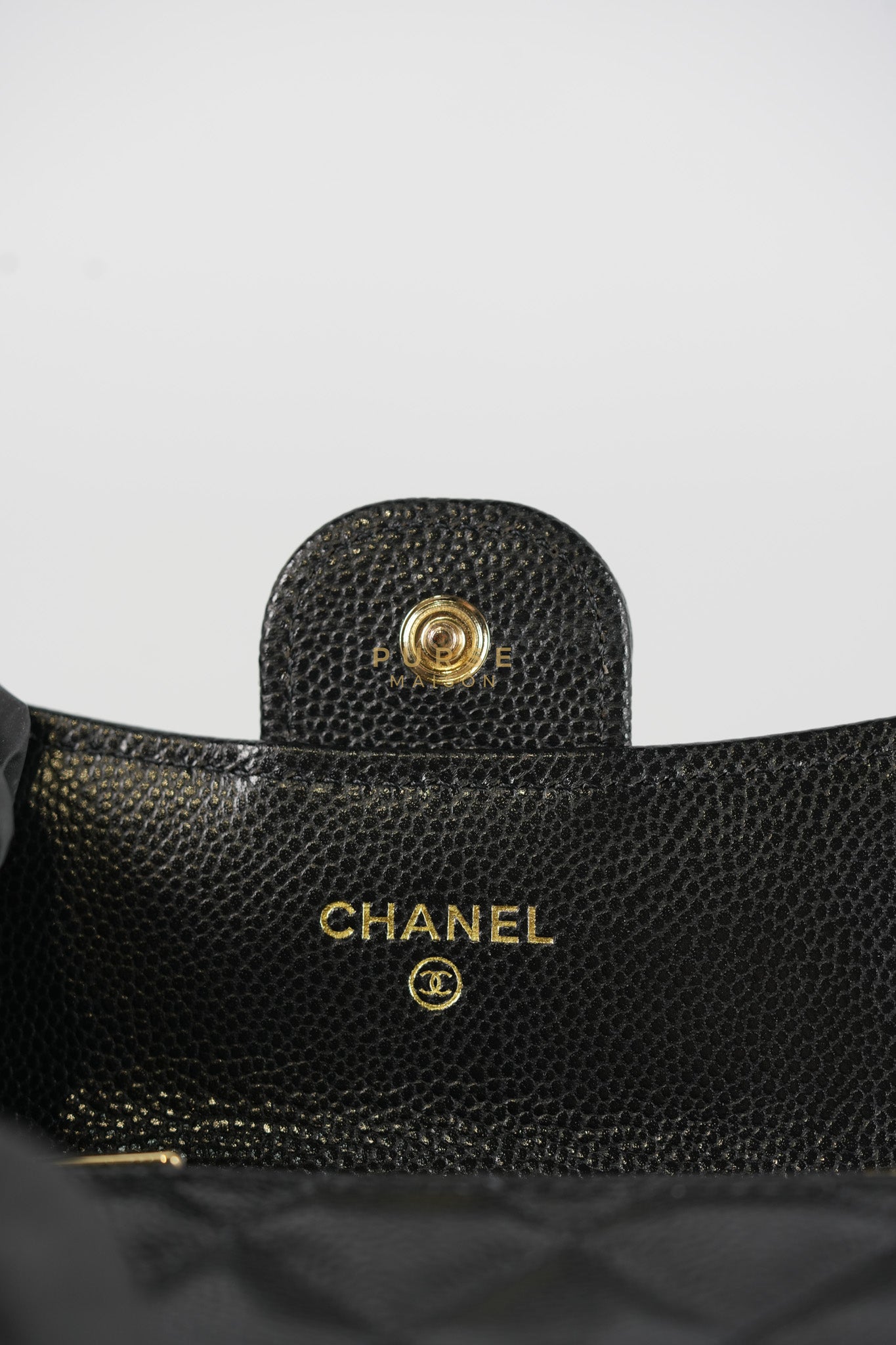 Flap Card Holder with Zipper Black in Caviar Leather and Light Gold Hardware (Microchip)
