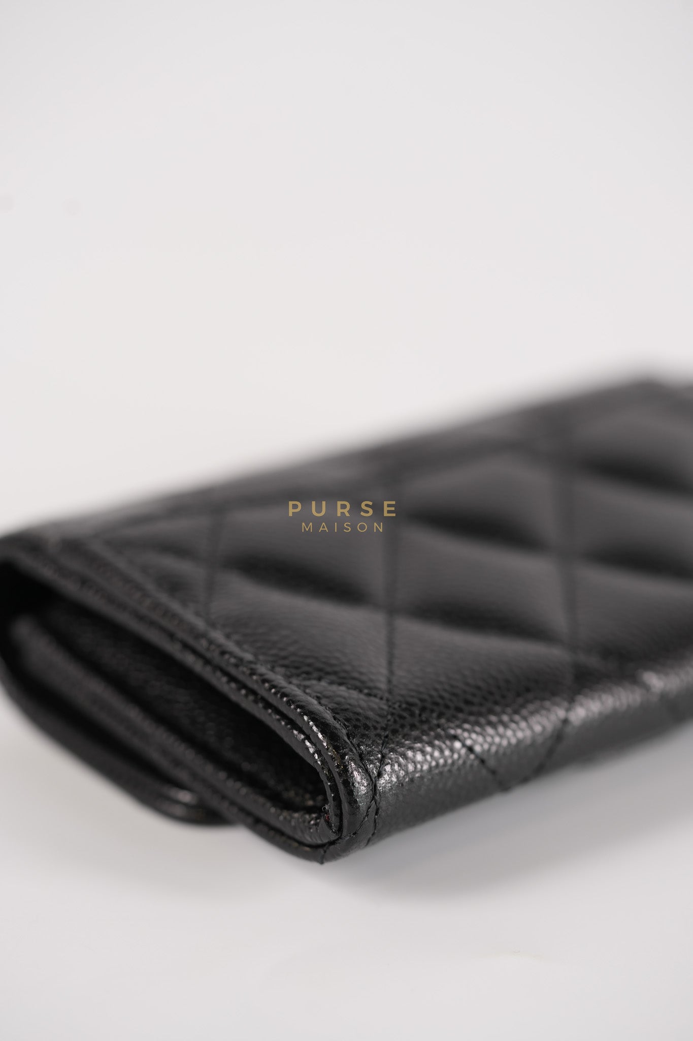 Flap Card Holder with Zipper Black in Caviar Leather and Light Gold Hardware (Microchip)
