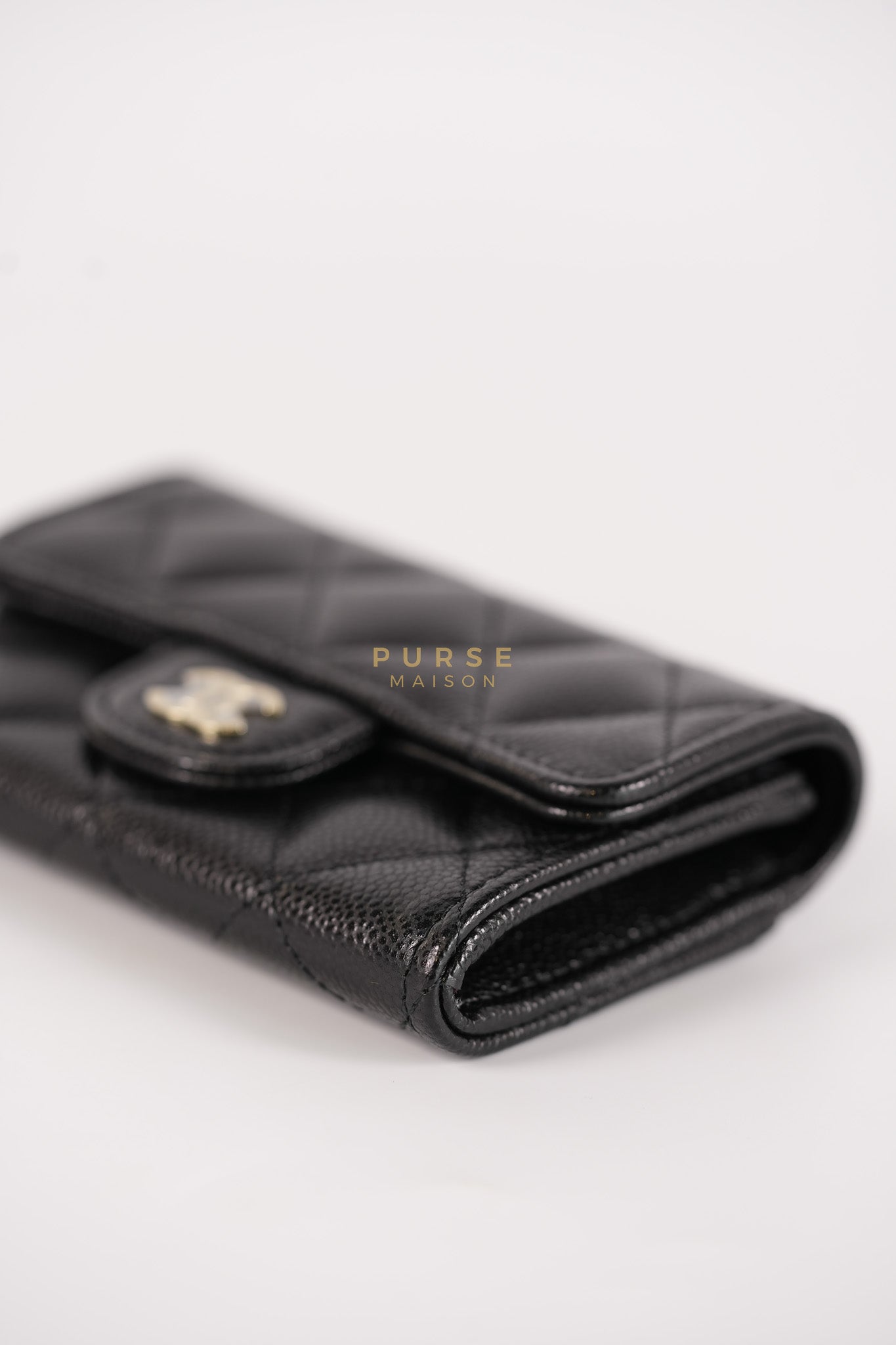 Flap Card Holder with Zipper Black in Caviar Leather and Light Gold Hardware (Microchip)