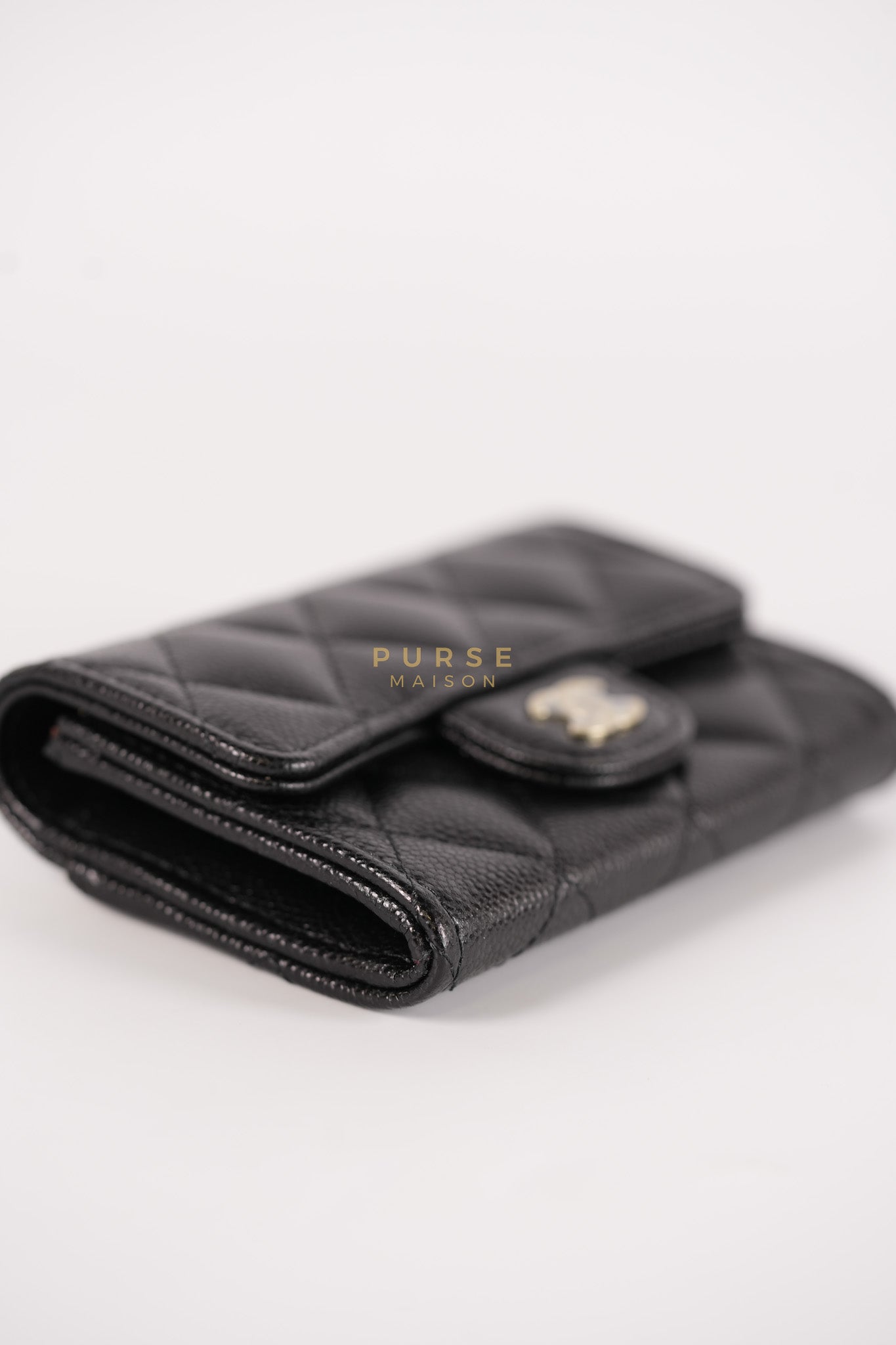 Flap Card Holder with Zipper Black in Caviar Leather and Light Gold Hardware (Microchip)