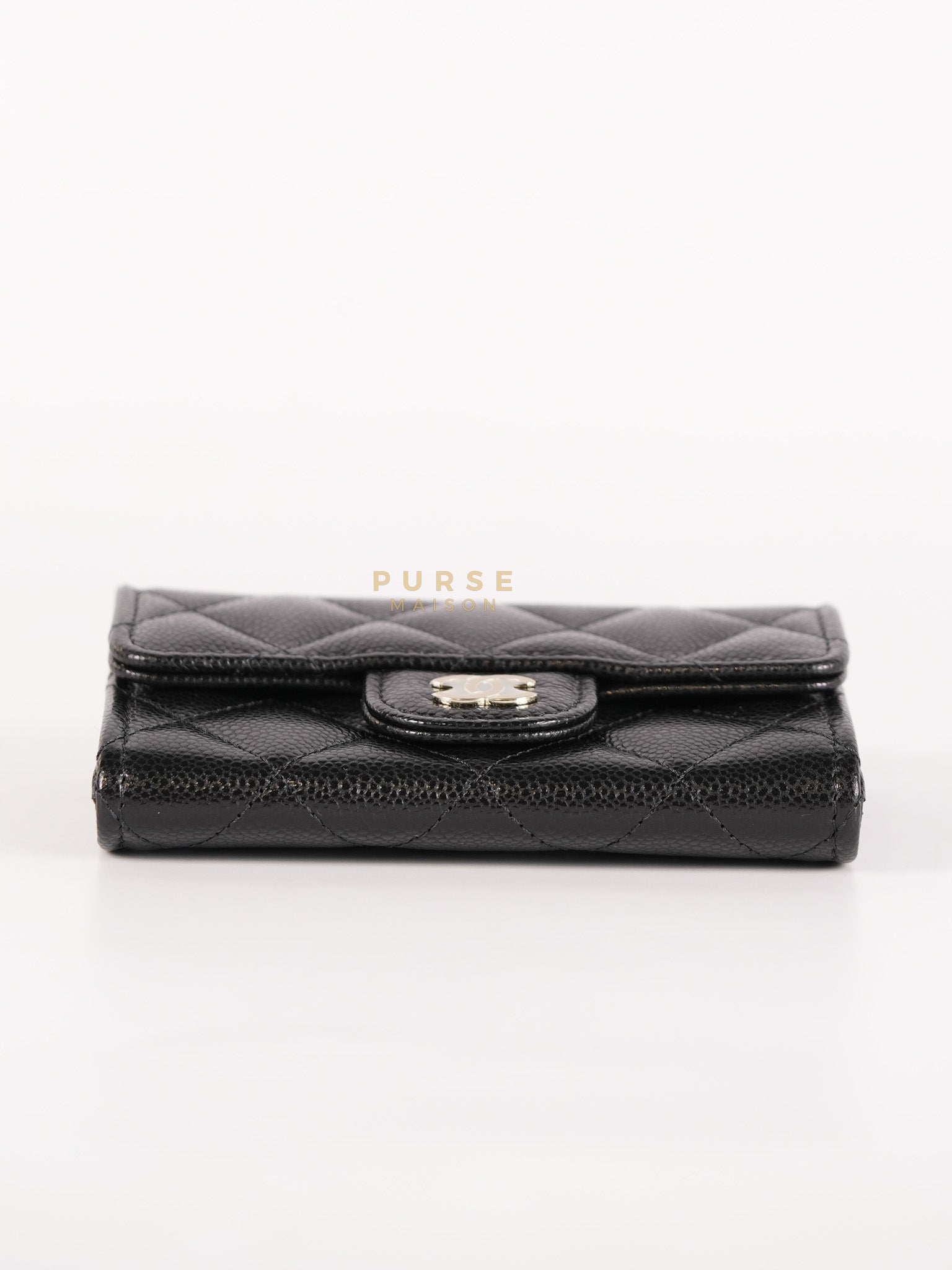 Flap Card Holder with Zipper Black in Caviar Leather and Light Gold Hardware (Microchip)