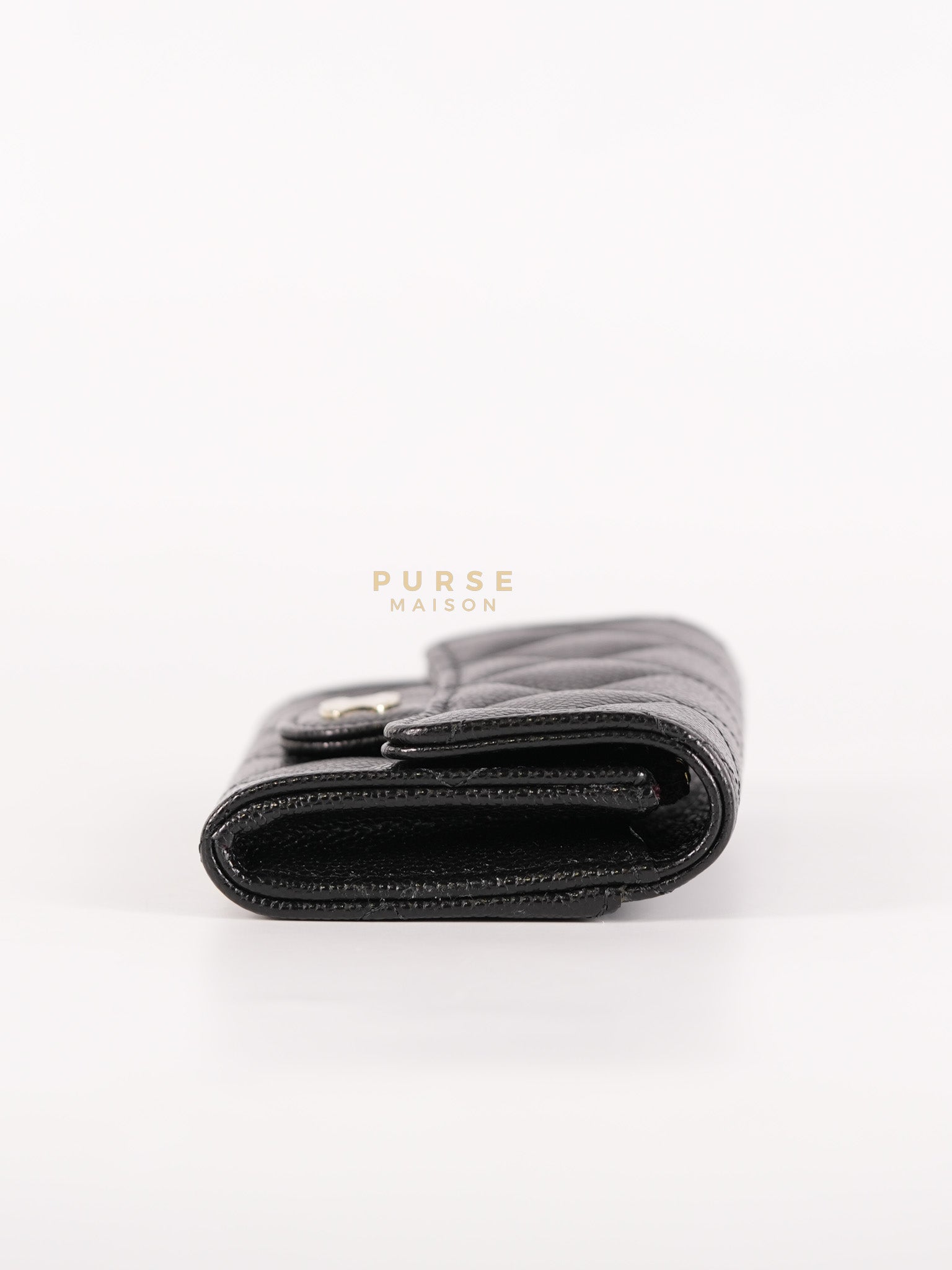 Flap Card Holder with Zipper Black in Caviar Leather and Light Gold Hardware (Microchip)