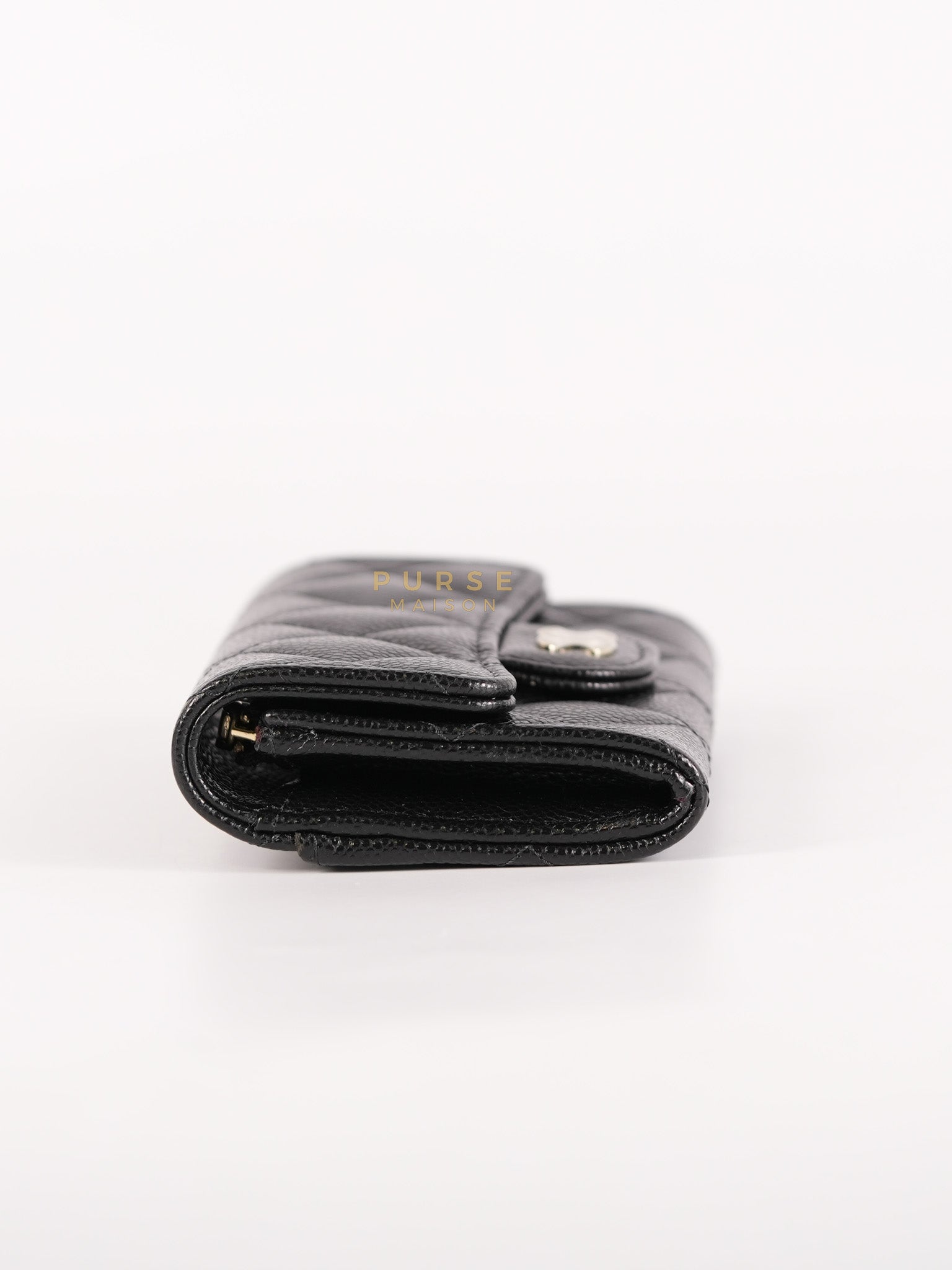 Flap Card Holder with Zipper Black in Caviar Leather and Light Gold Hardware (Microchip)