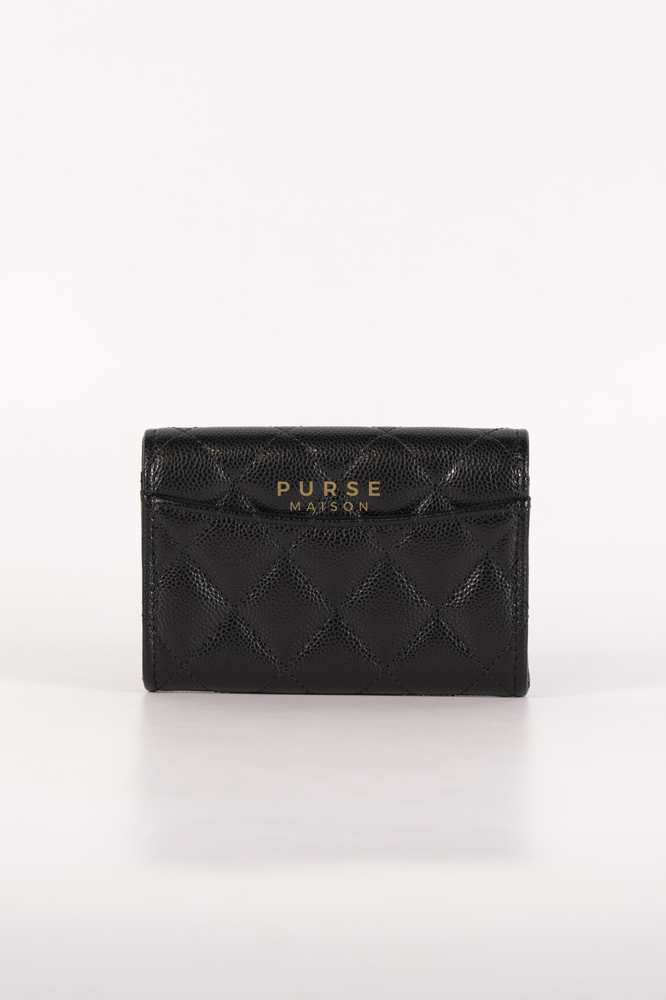 Flap Card Holder with Zipper Black in Caviar Leather and Light Gold Hardware (Microchip)