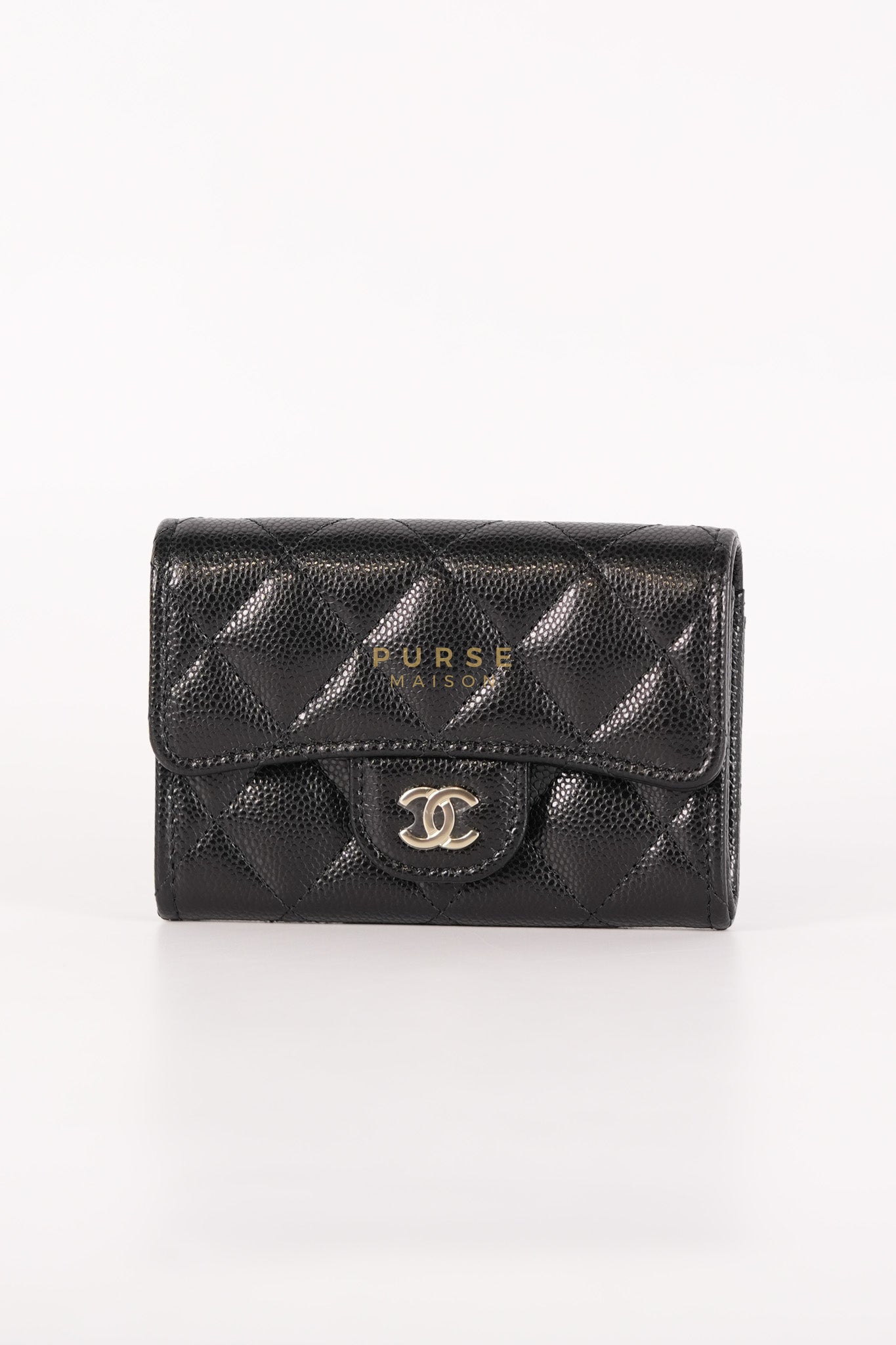 Flap Card Holder with Zipper Black in Caviar Leather and Light Gold Hardware (Microchip)