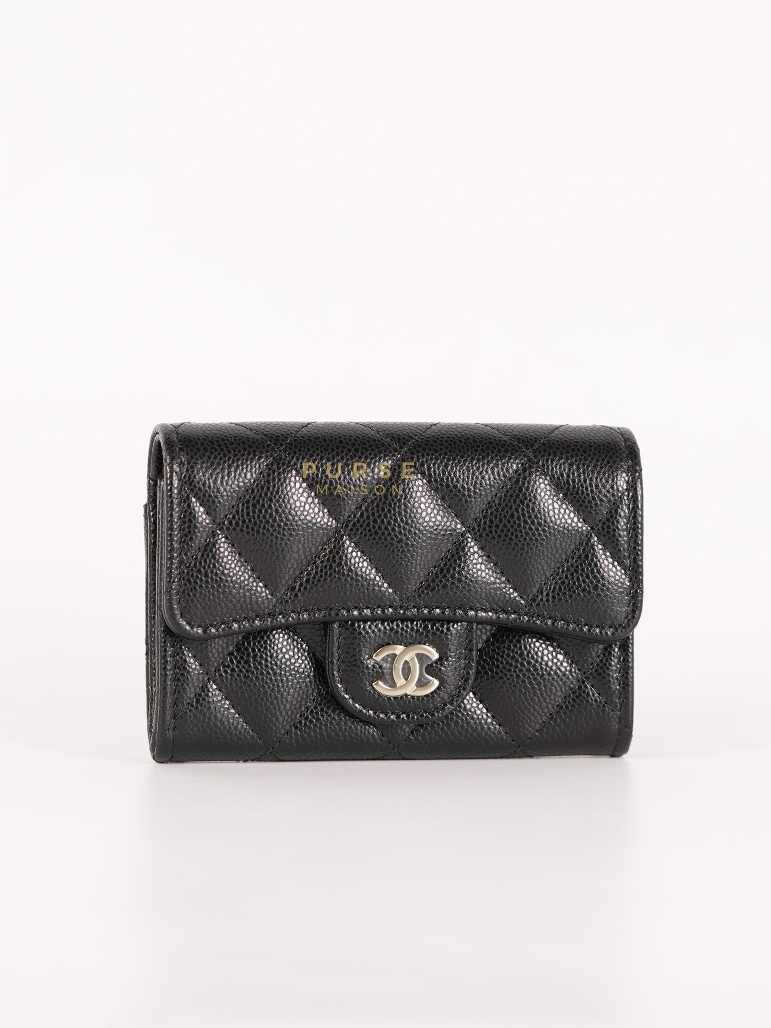 Flap Card Holder with Zipper Black in Caviar Leather and Light Gold Hardware (Microchip)