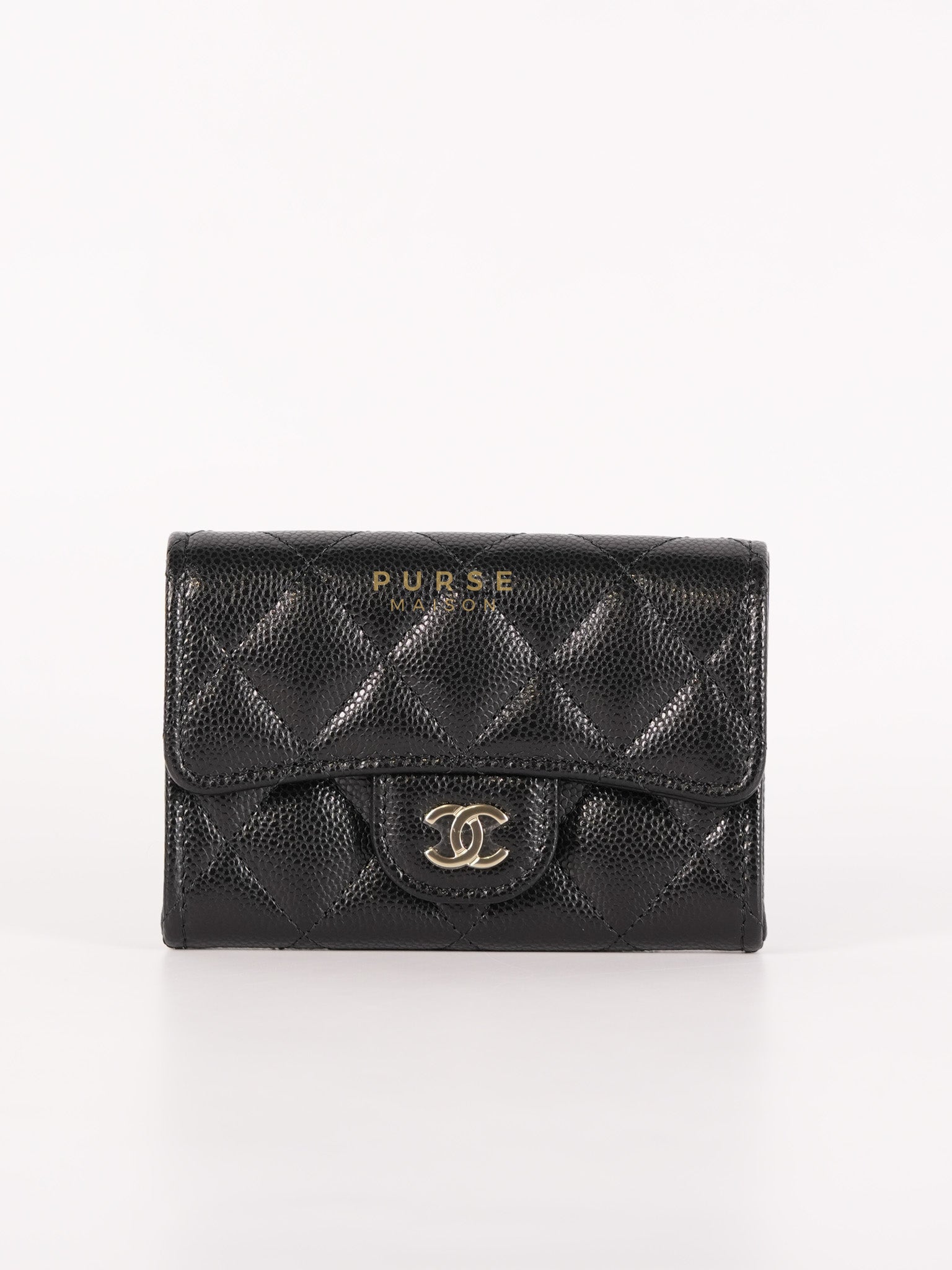 Flap Card Holder with Zipper Black in Caviar Leather and Light Gold Hardware (Microchip)
