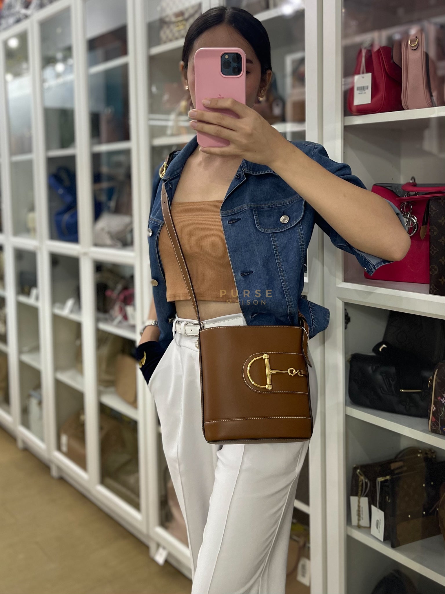 73 Small Horsebit Bucket Bag Tan in Smooth Calfskin Leather | Purse Maison Luxury Bags Shop