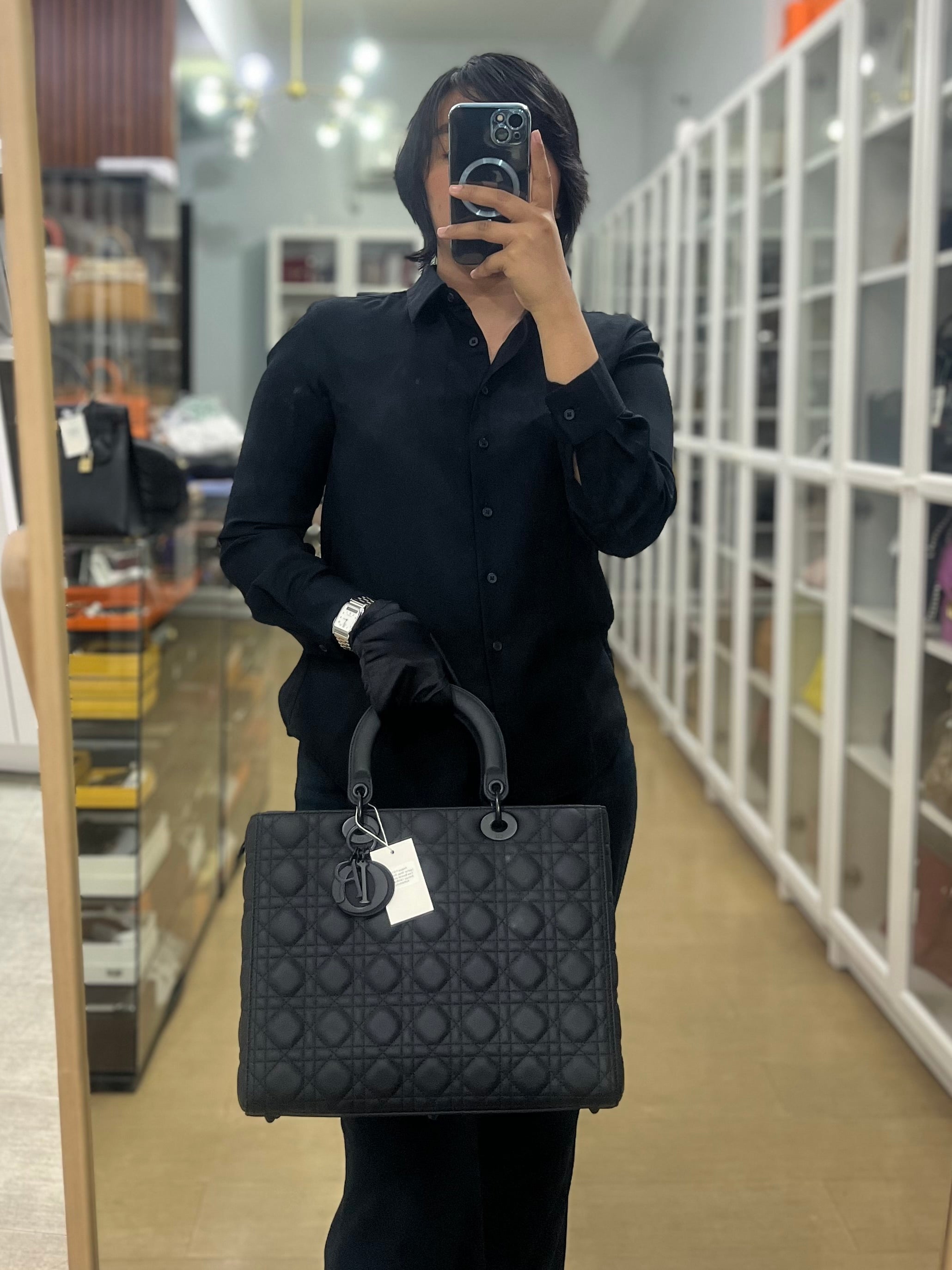 Lady Dior Large Black Ultramatte Cannage Calfskin