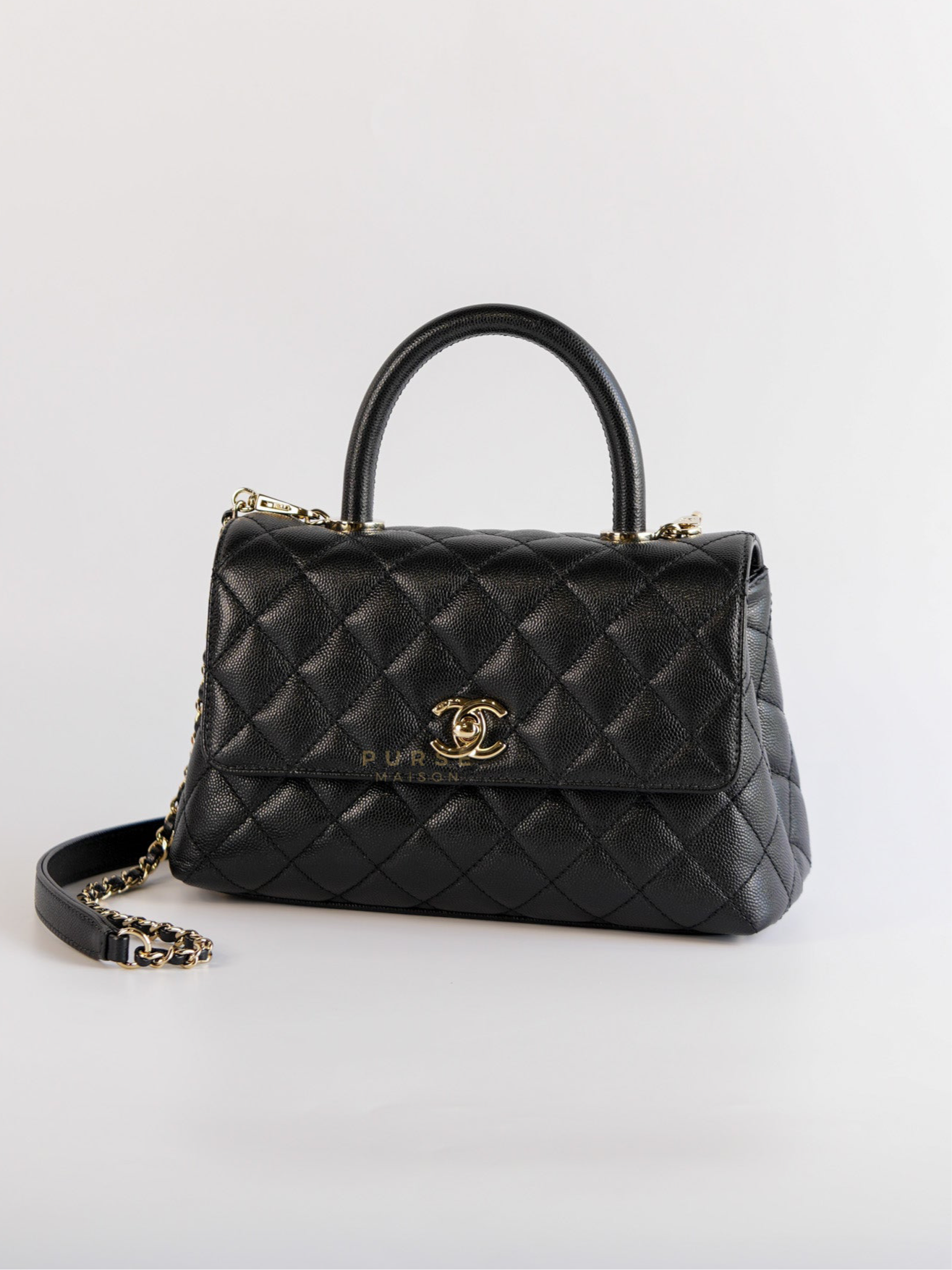 Coco Handle Mini in Black Caviar Quilted Leather and Light Gold Hardware (Microchip)