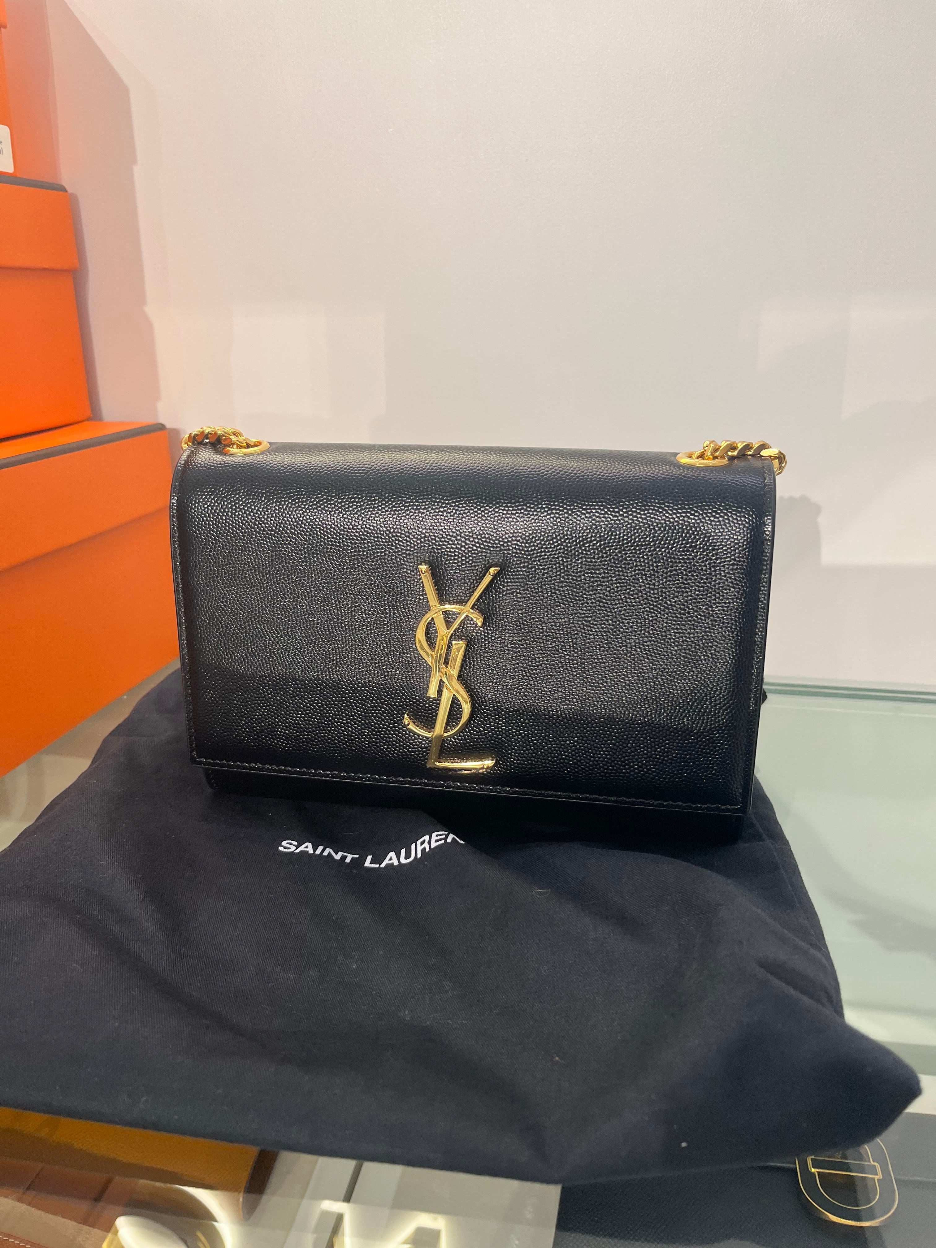Kate in Black Grained Calfskin Leather and Gold Hardware Chain Bag