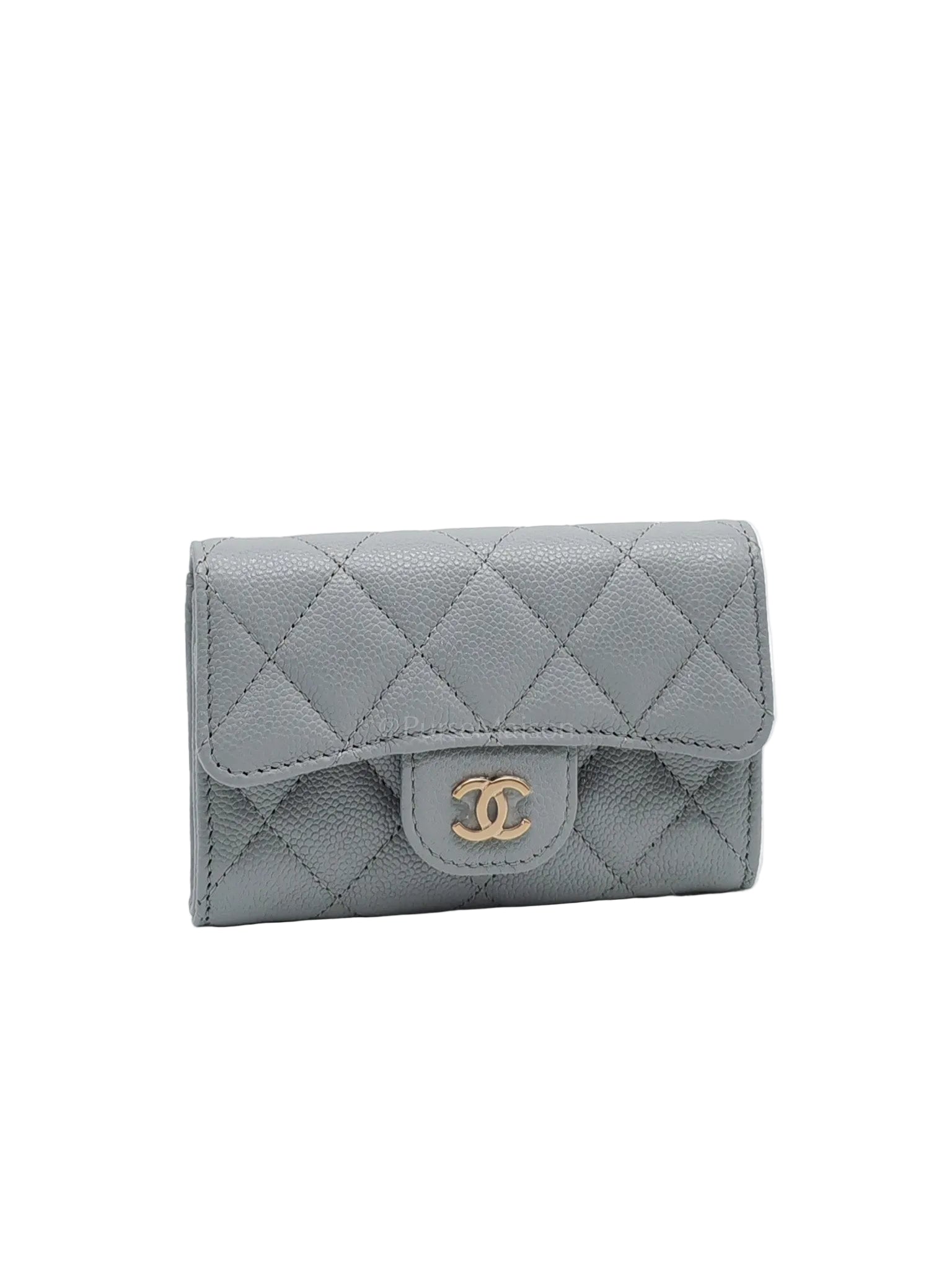 Classic Card Holder in Gray Caviar Leather Light Gold Hardware (Microchip)